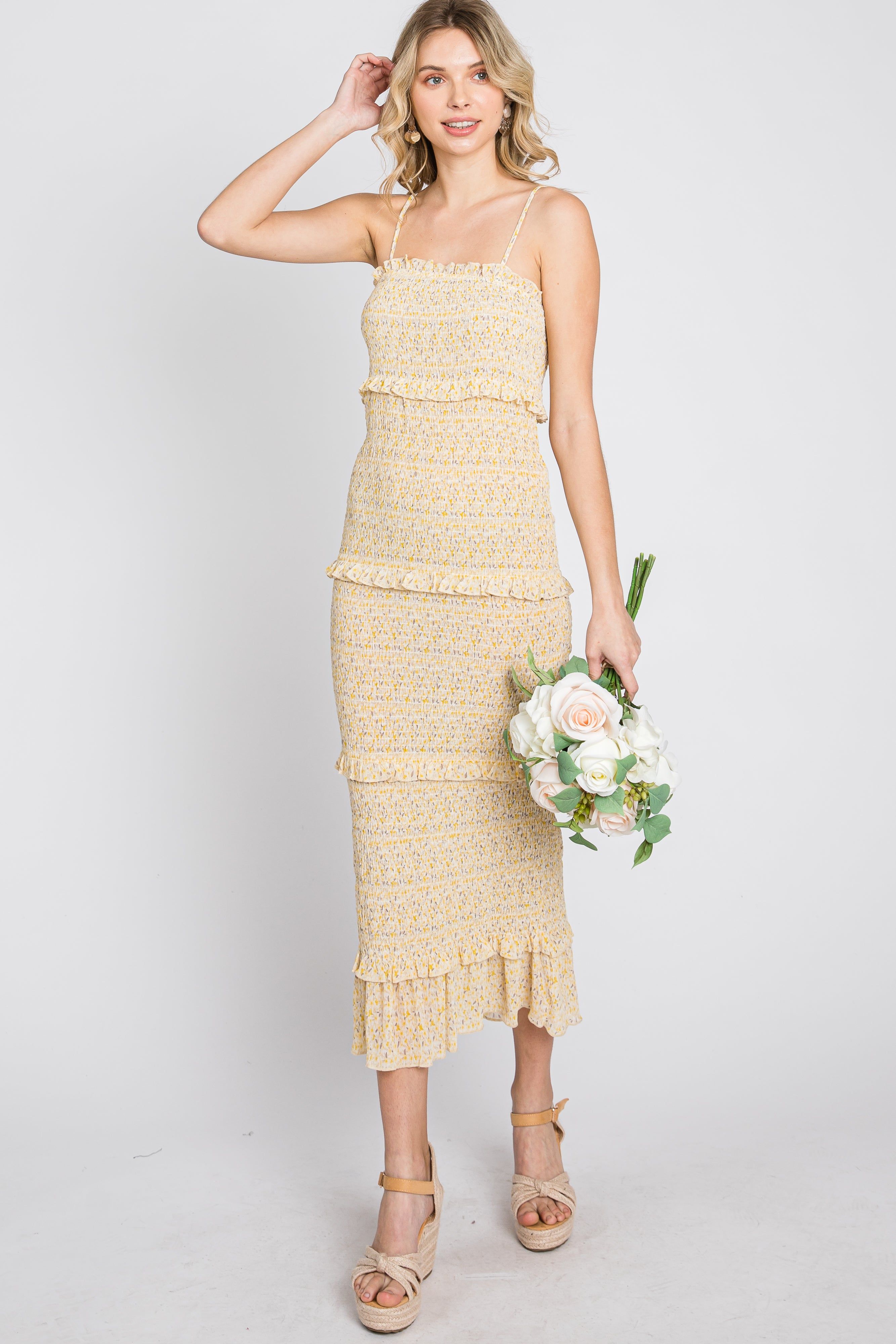 Yellow Floral Print Smocked Maxi Dress sold by Pinkblush