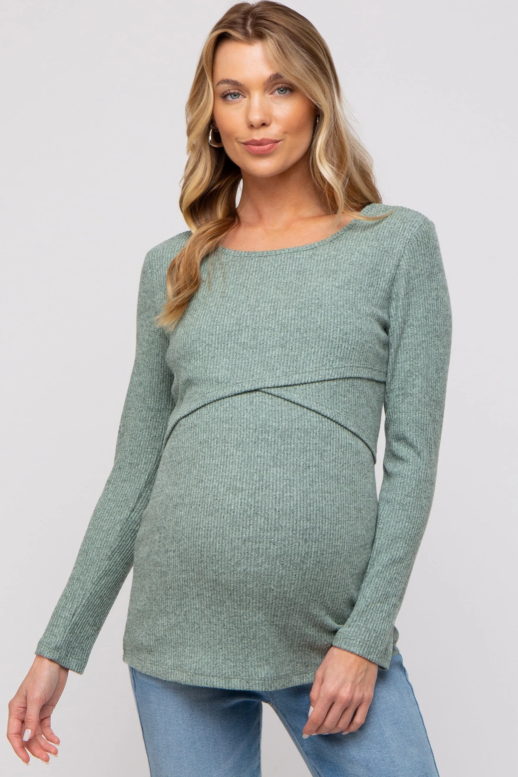 Mint Green Ribbed Crossover Maternity/Nursing Top sold by Pinkblush