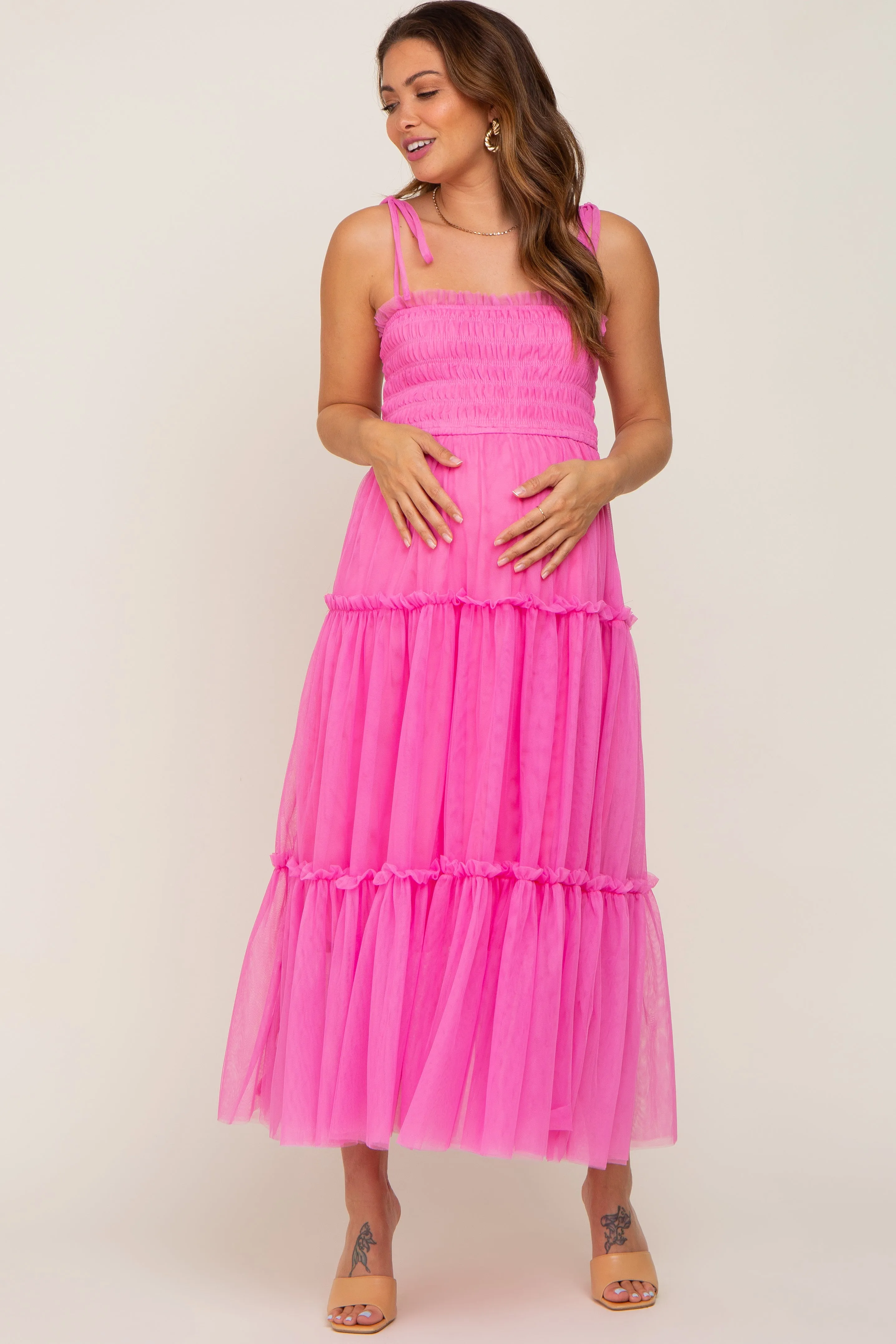 Pink Smocked Mesh Maternity Midi Dress sold by Pinkblush product image thumbnail 4