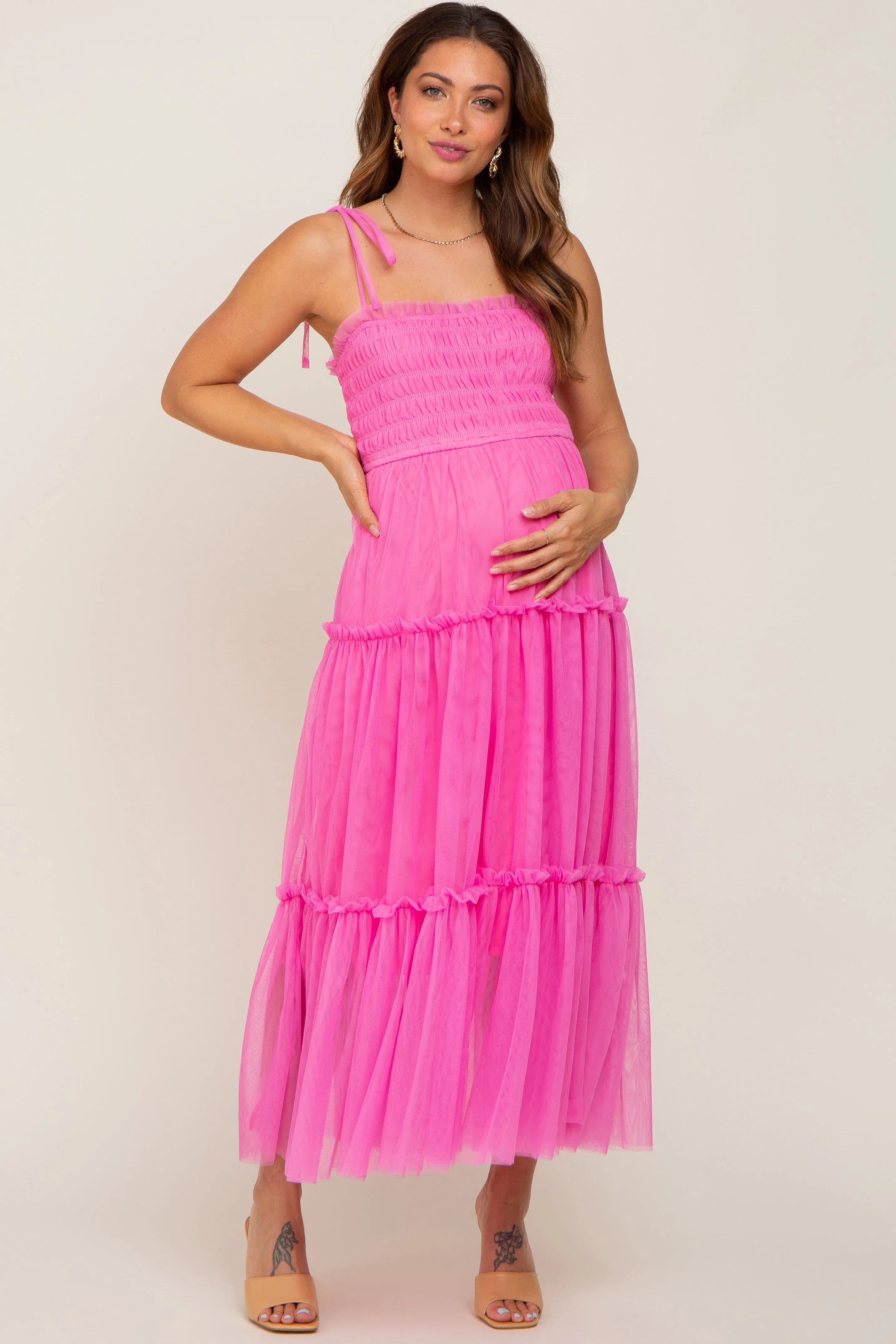 Pink Smocked Mesh Maternity Midi Dress sold by Pinkblush