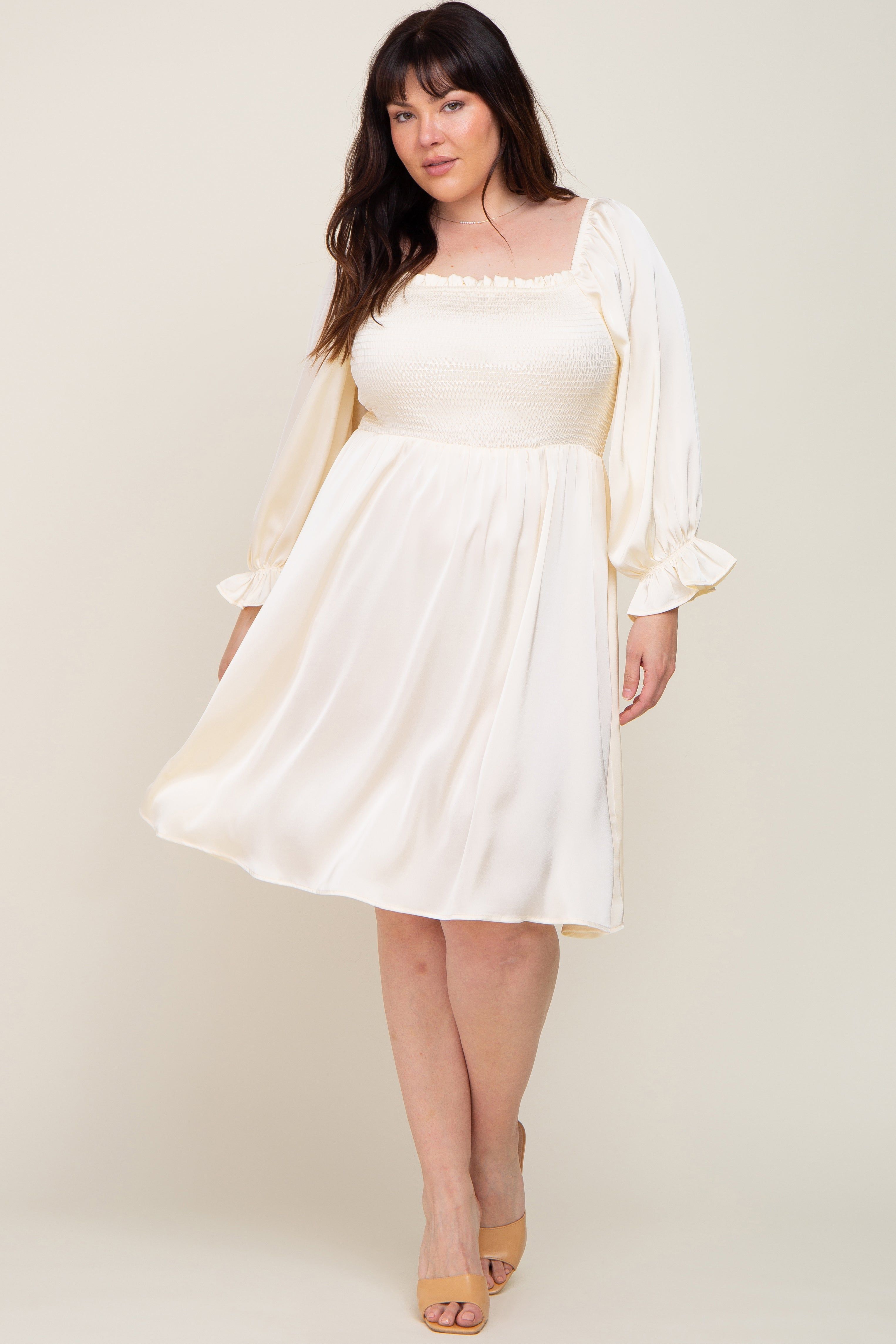 Ivory Satin Smocked Square Neck Plus Dress sold by Pinkblush product image thumbnail 4