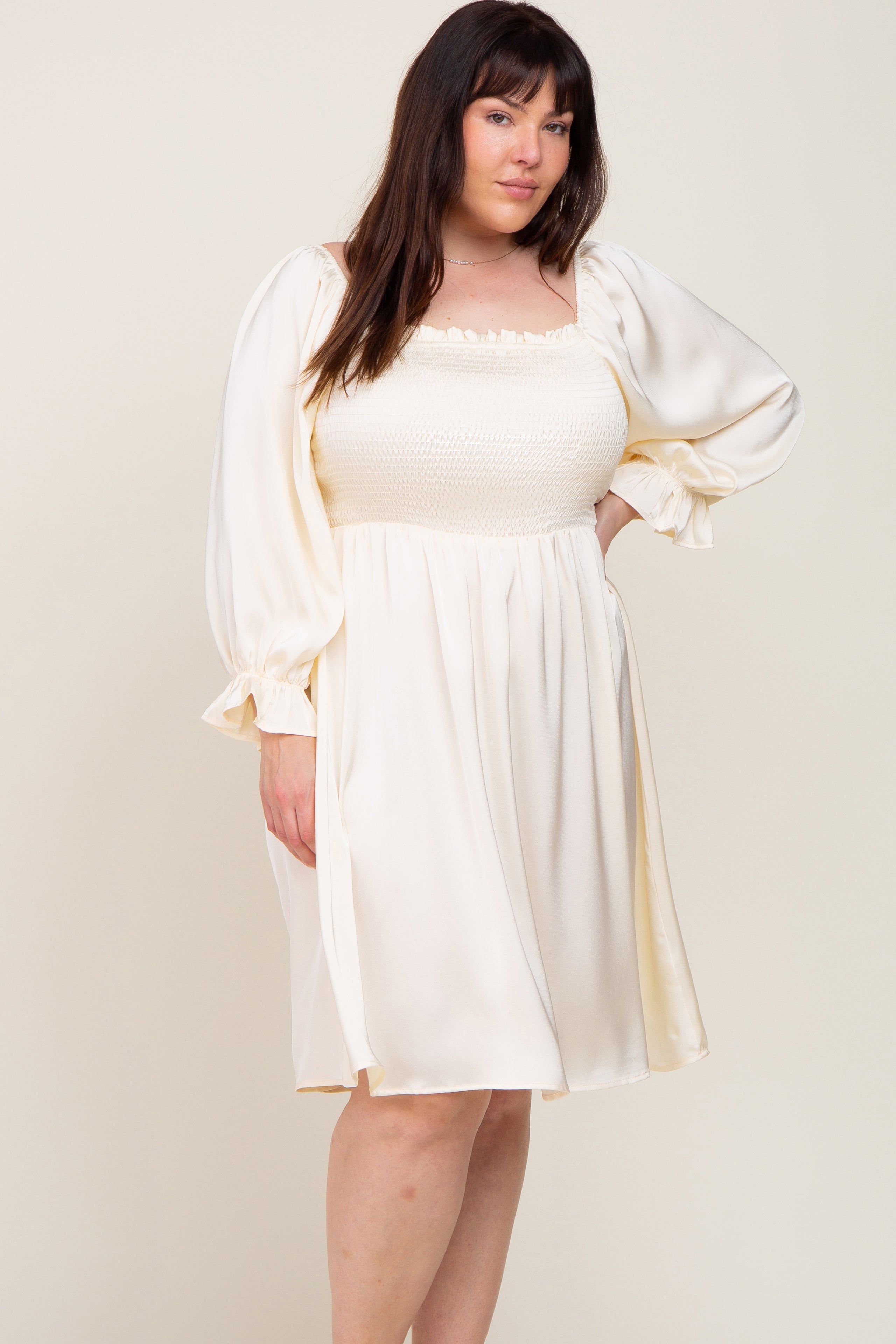 Ivory Satin Smocked Square Neck Plus Dress sold by Pinkblush