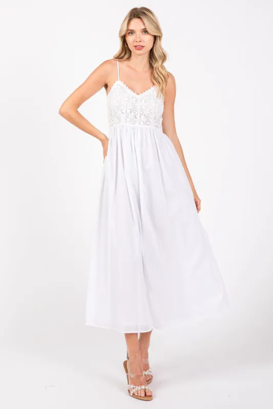 White Floral Crochet Contrast Midi Dress sold by Pinkblush