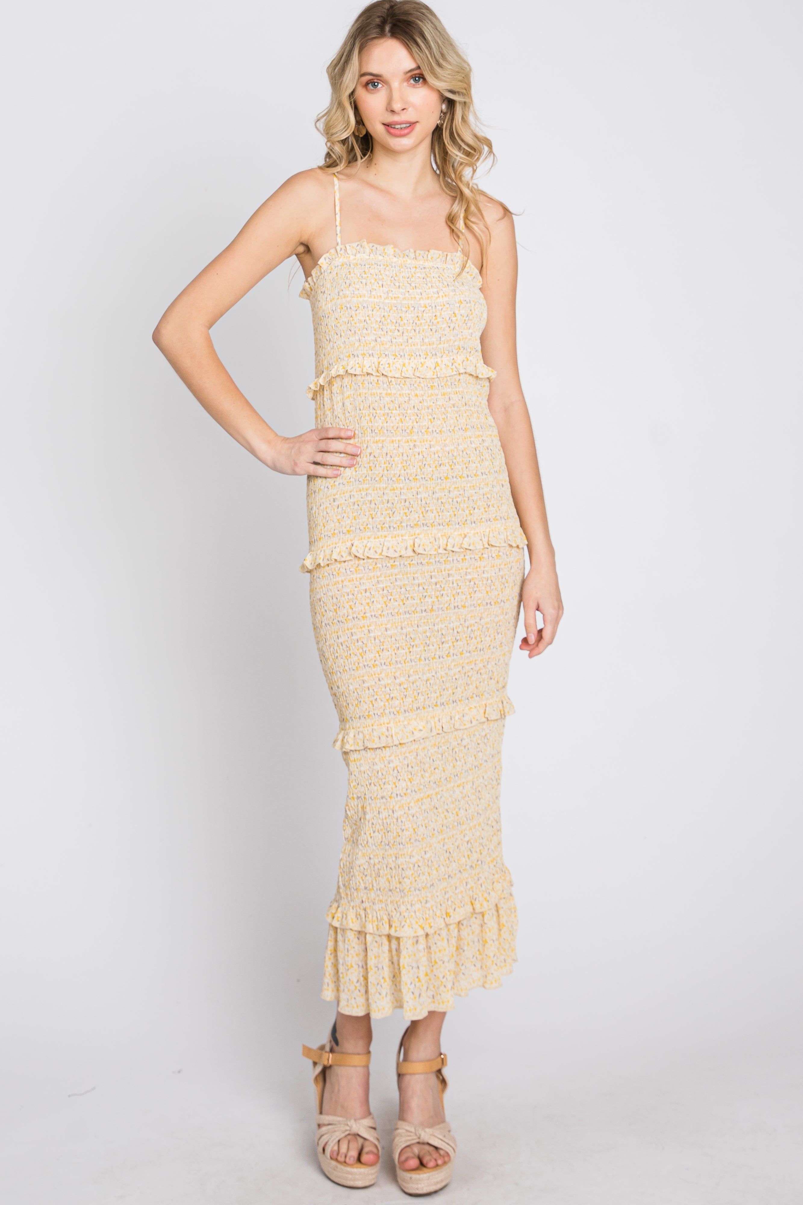 Yellow Floral Print Smocked Maxi Dress sold by Pinkblush product image thumbnail 2