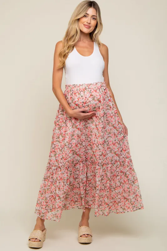 Pink Smocked Waist Tiered Maternity Maxi Skirt sold by Pinkblush
