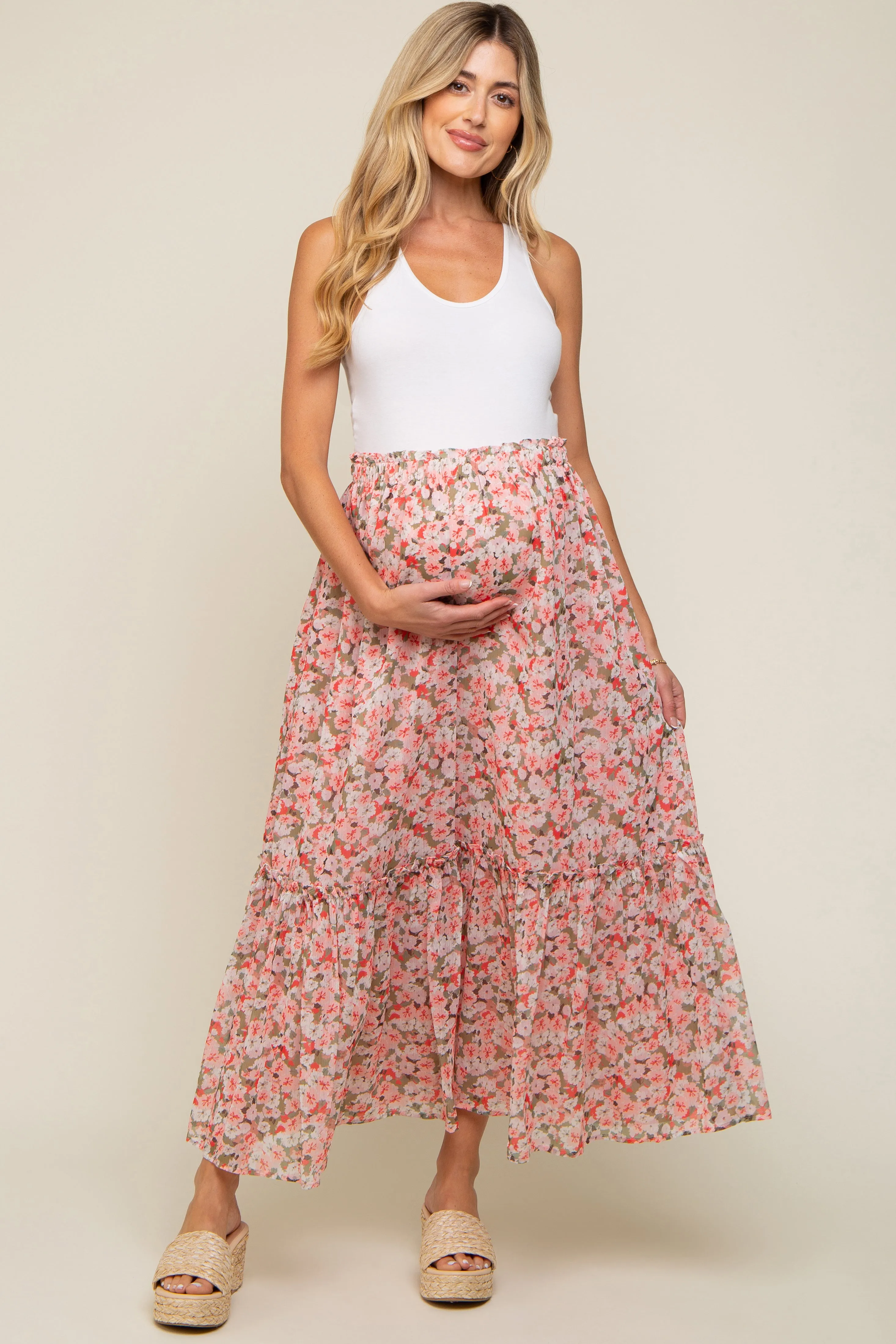 Pink Smocked Waist Tiered Maternity Maxi Skirt sold by Pinkblush