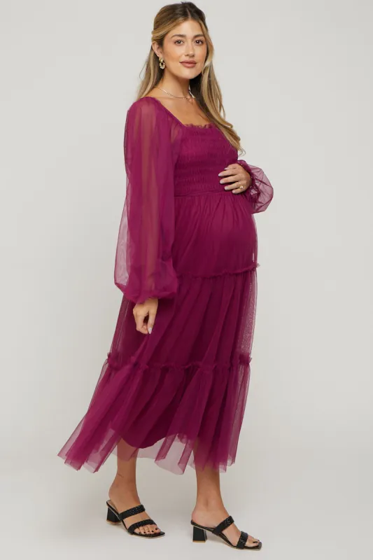 Burgundy Mesh Tiered Long Sleeve Maternity Maxi Dress sold by Pinkblush