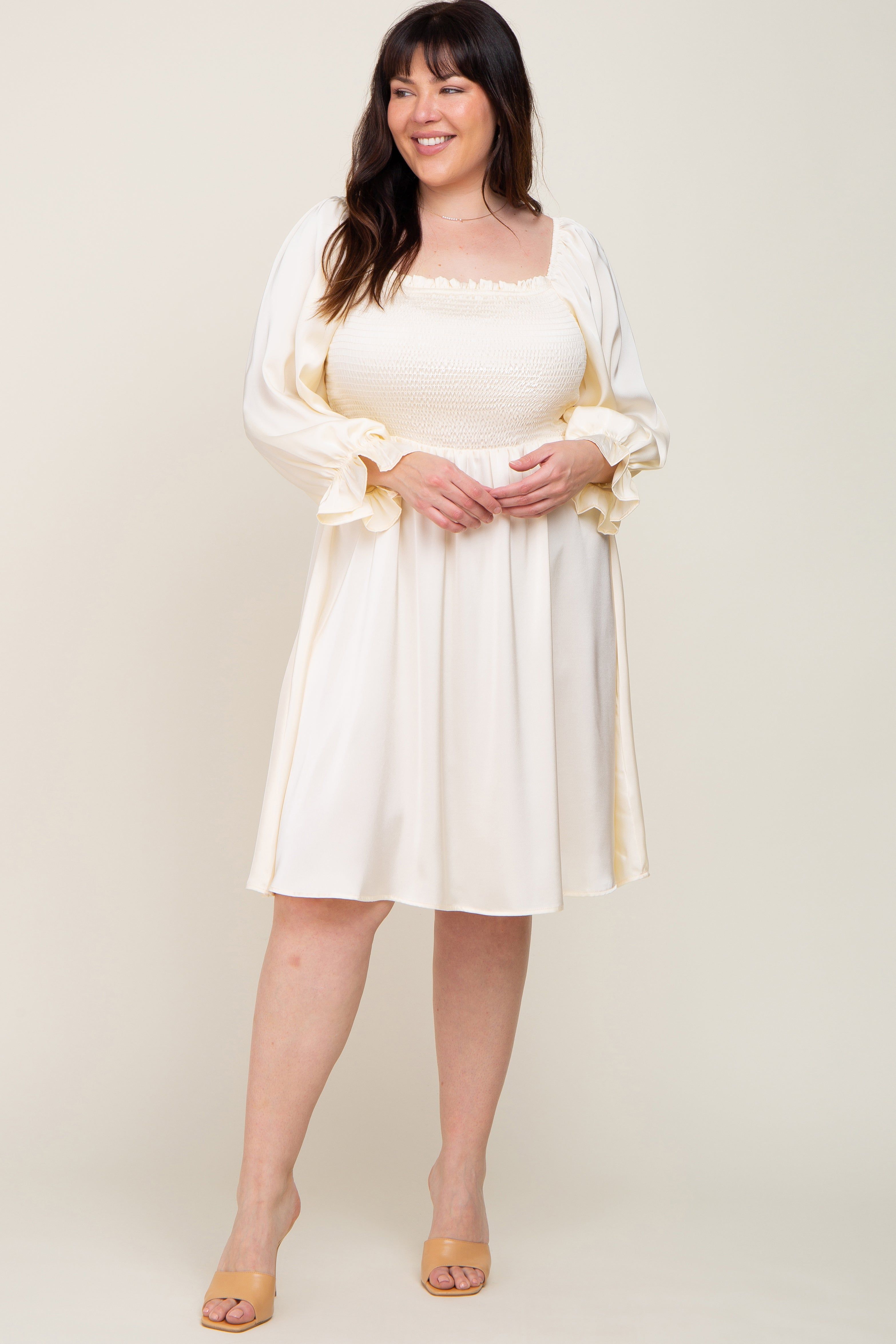 Ivory Satin Smocked Square Neck Plus Dress sold by Pinkblush product image thumbnail 5