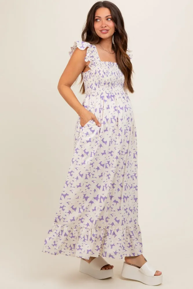 Lavender Floral Print Smocked Ruffle Sleeve Maternity Maxi Dress sold by Pinkblush