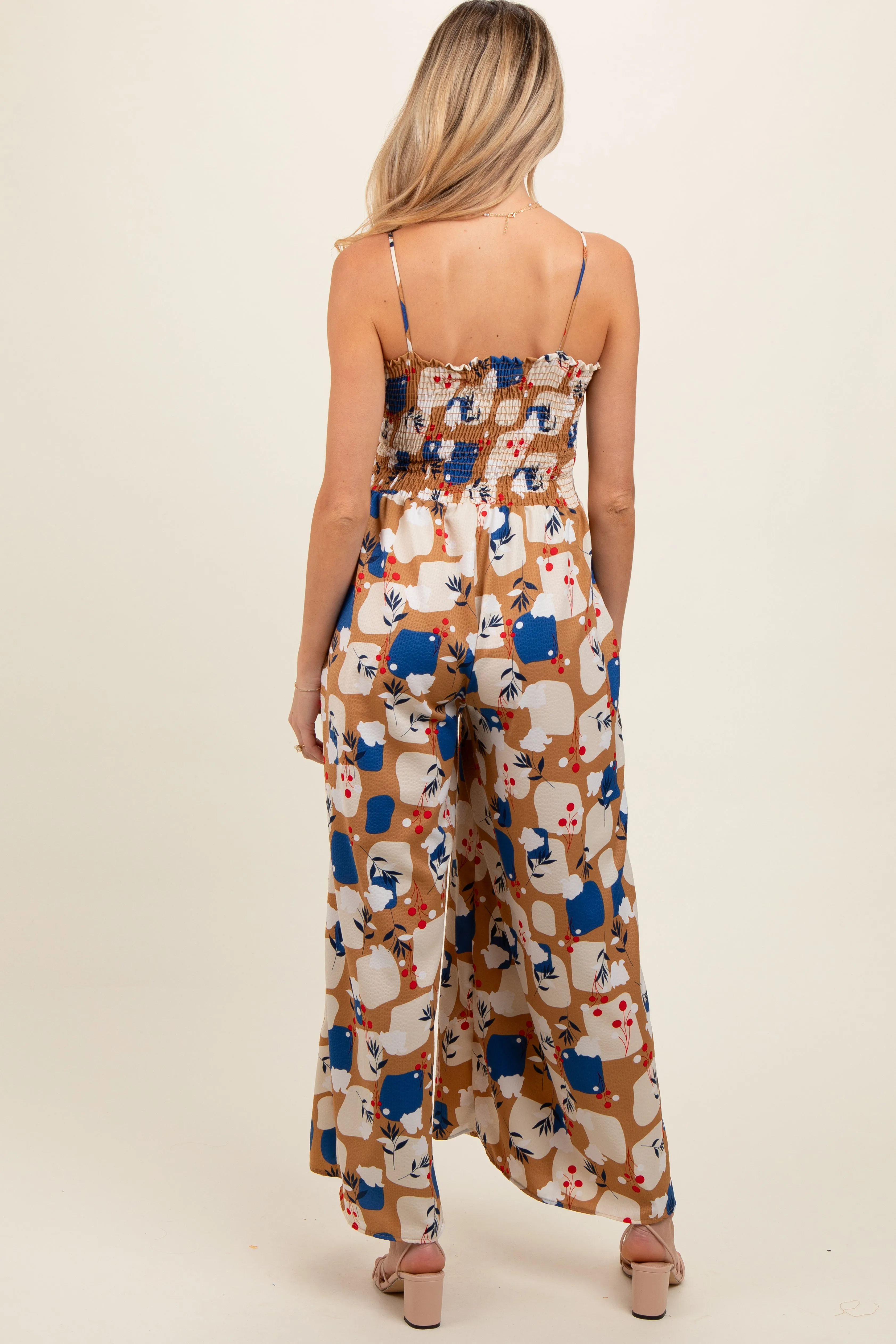 Taupe Leaf Print Smocked Wide Leg Maternity Jumpsuit sold by Pinkblush product image thumbnail 4