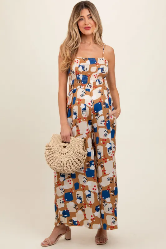 Taupe Leaf Print Smocked Wide Leg Maternity Jumpsuit sold by Pinkblush