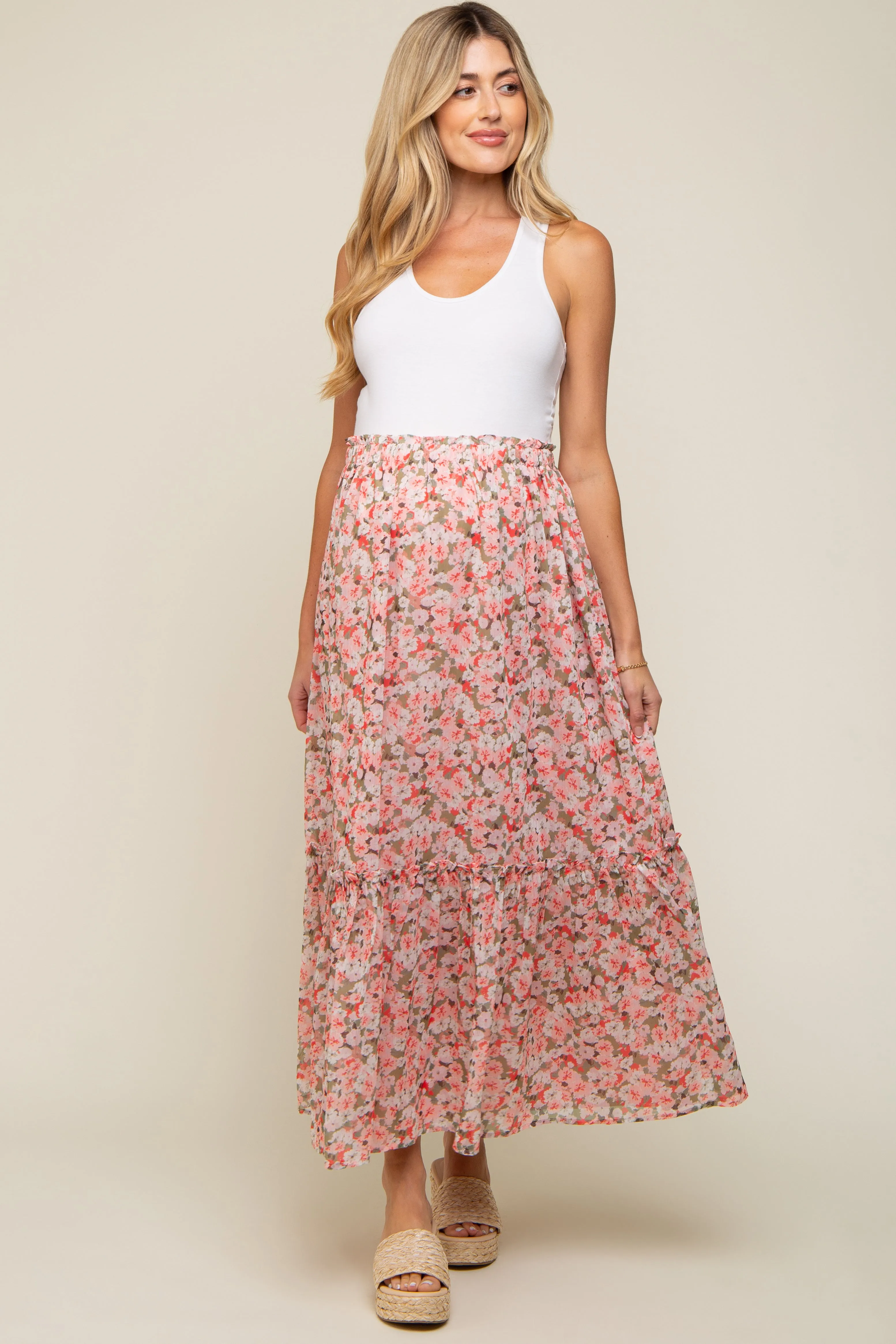 Pink Smocked Waist Tiered Maternity Maxi Skirt sold by Pinkblush product image thumbnail 5
