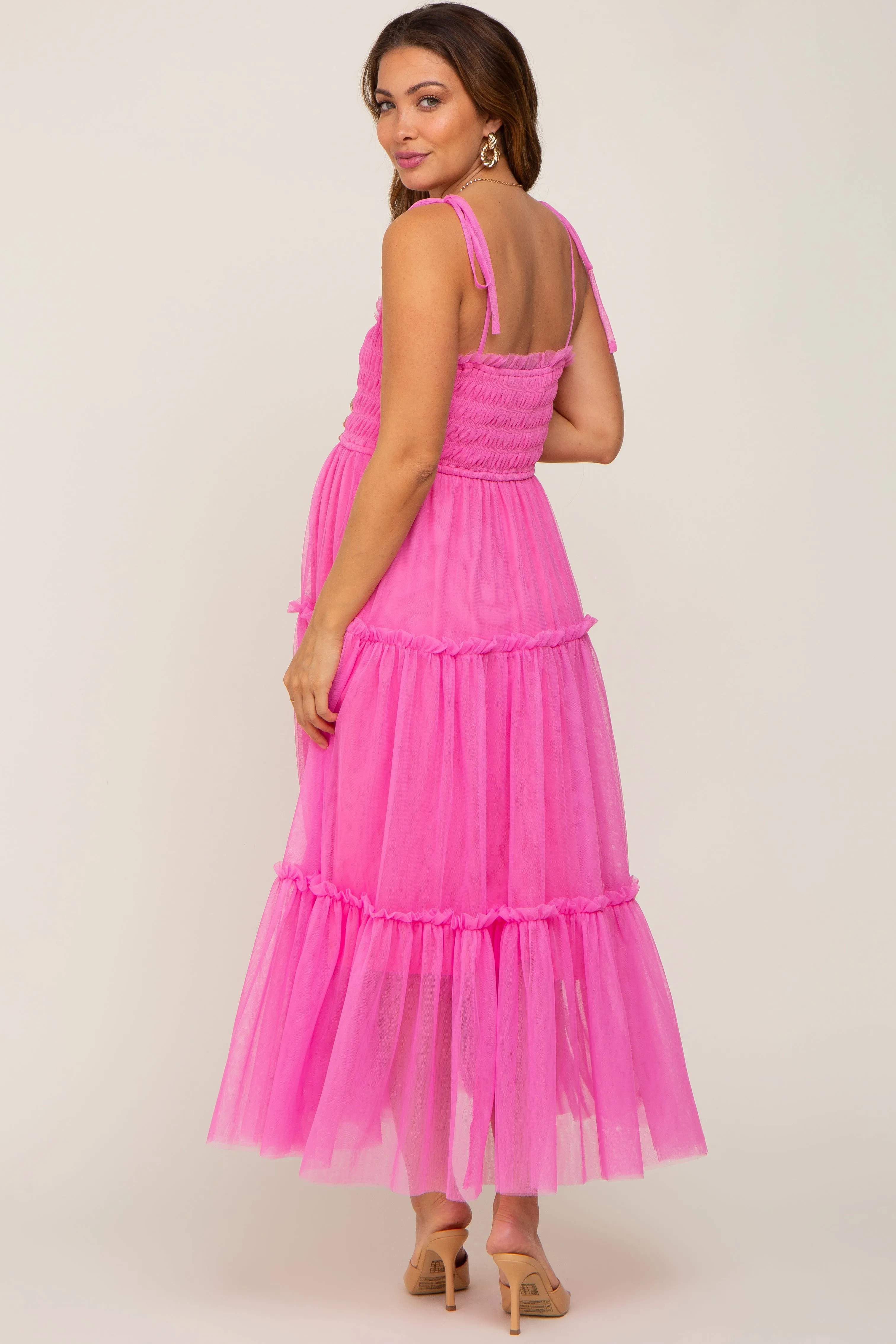 Pink Smocked Mesh Maternity Midi Dress sold by Pinkblush product image thumbnail 3