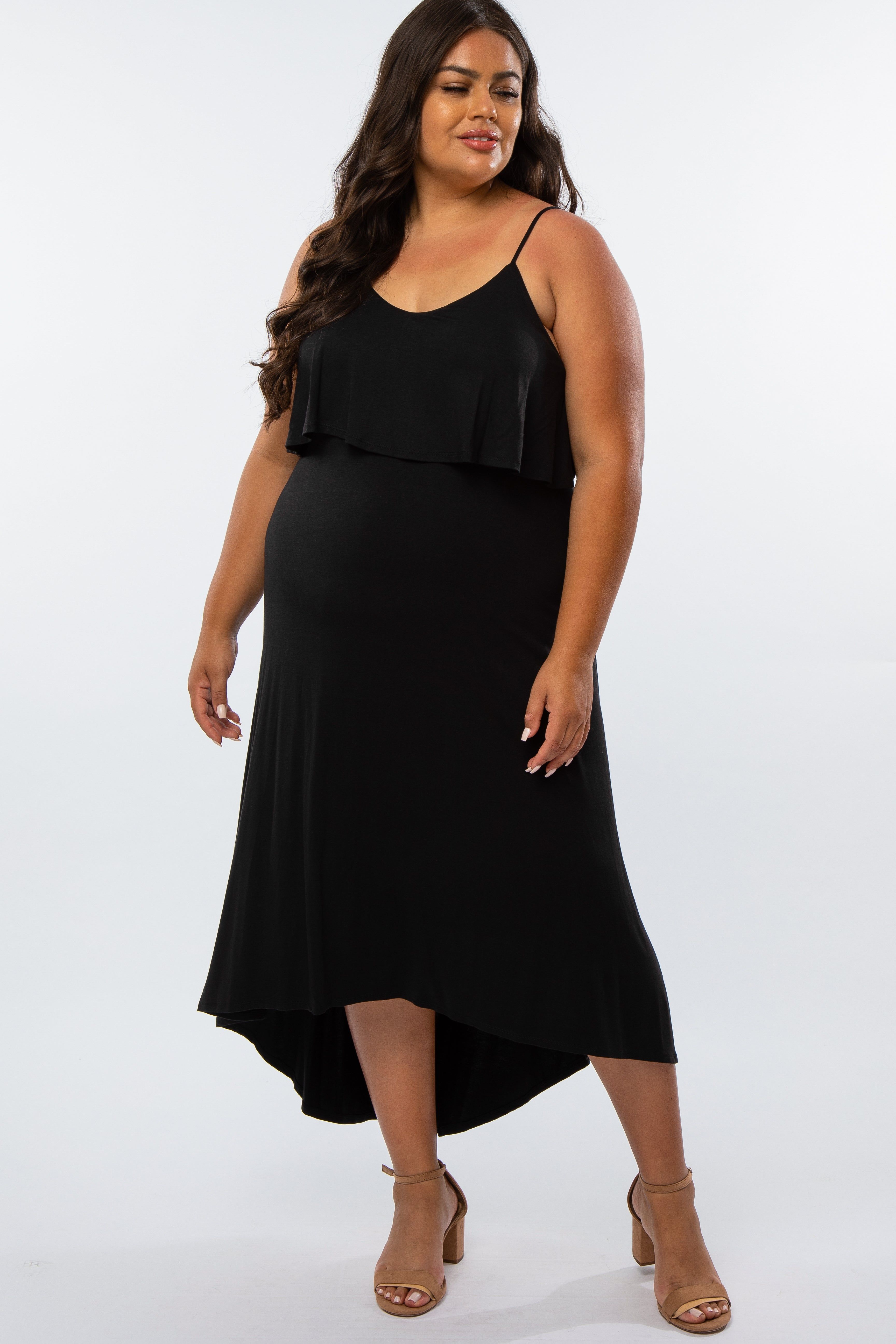 Black Ruffle Top Hi-Low Plus Size Midi Dress sold by Pinkblush