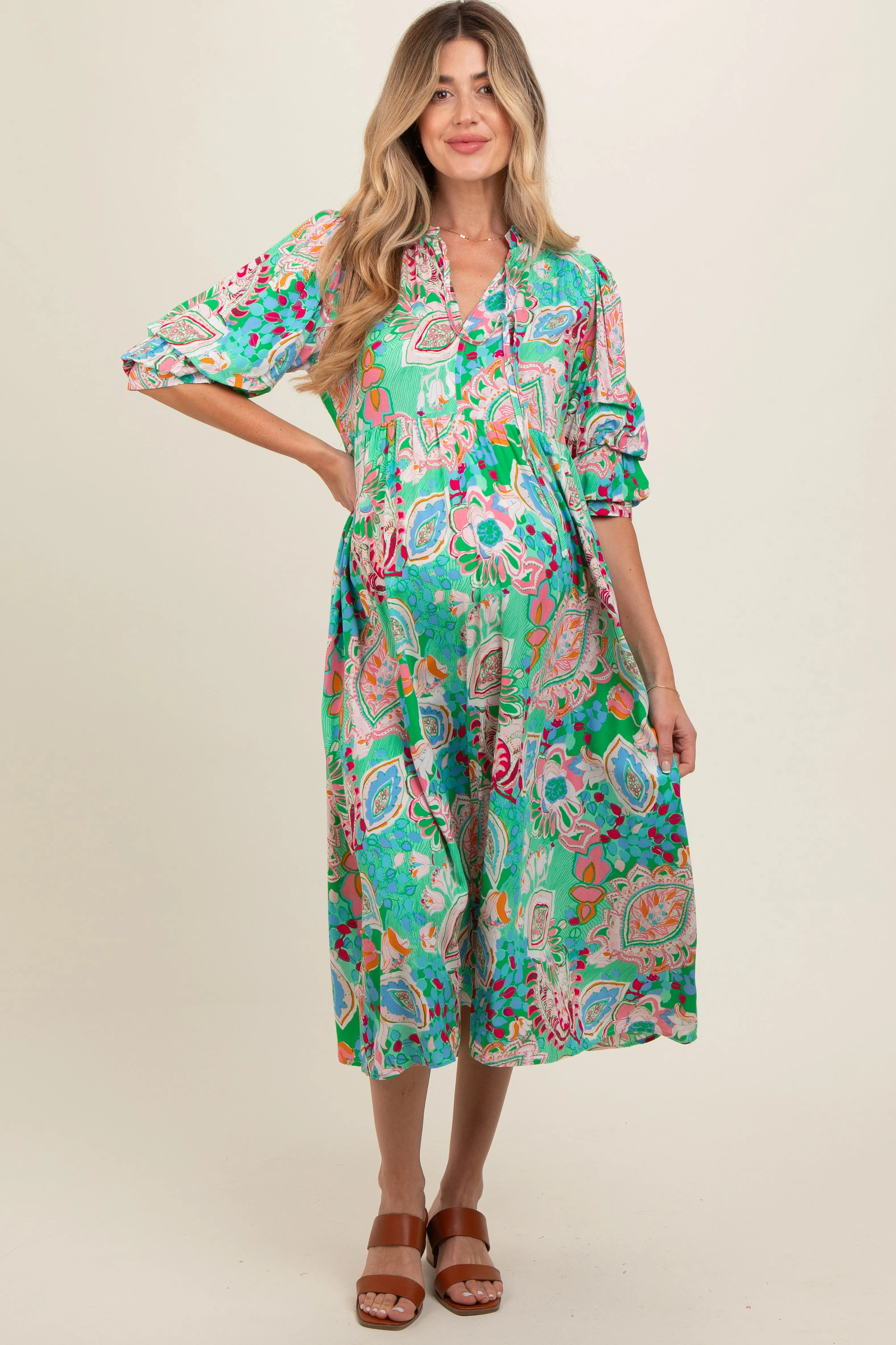 Emerald Paisley Print Tiered A-Line Maternity Midi Dress sold by Pinkblush product image thumbnail 2