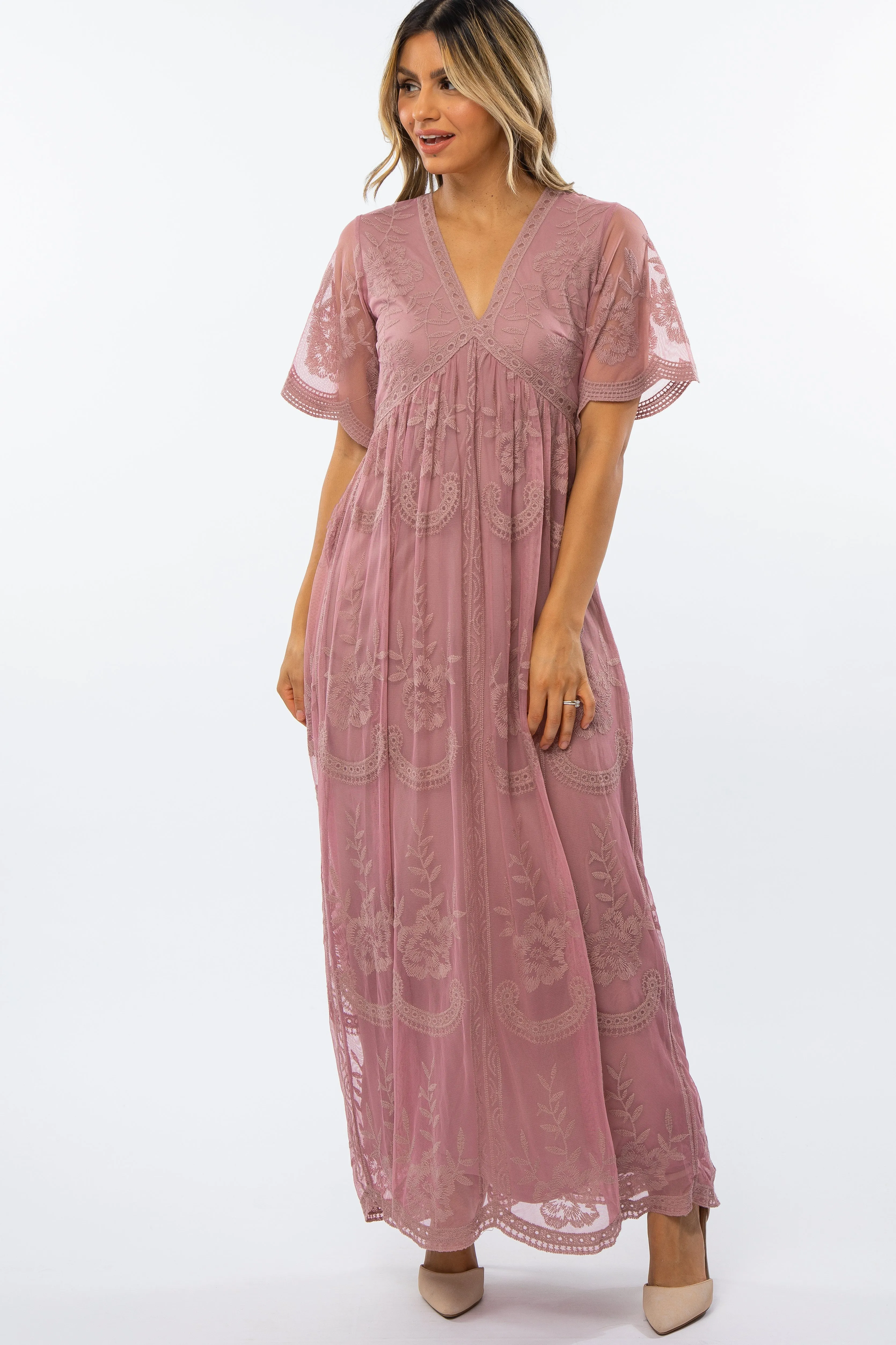 Mauve Lace Mesh Overlay Maxi Dress sold by Pinkblush