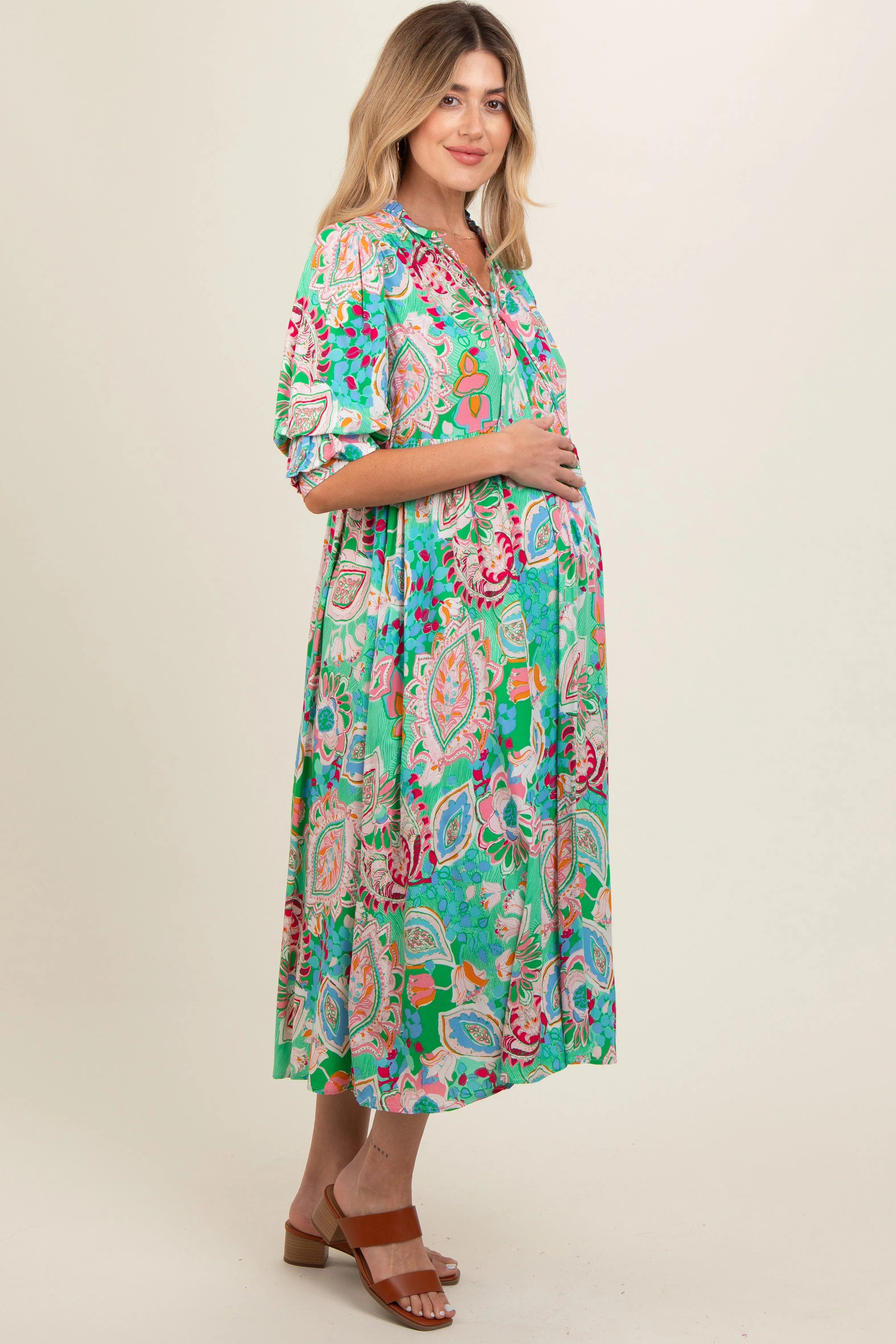 Emerald Paisley Print Tiered A-Line Maternity Midi Dress sold by Pinkblush product image thumbnail 3