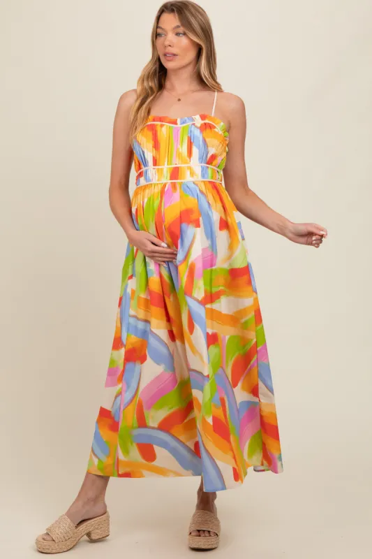White Abstract Print Pleated Bodice Maternity Maxi Dress sold by Pinkblush