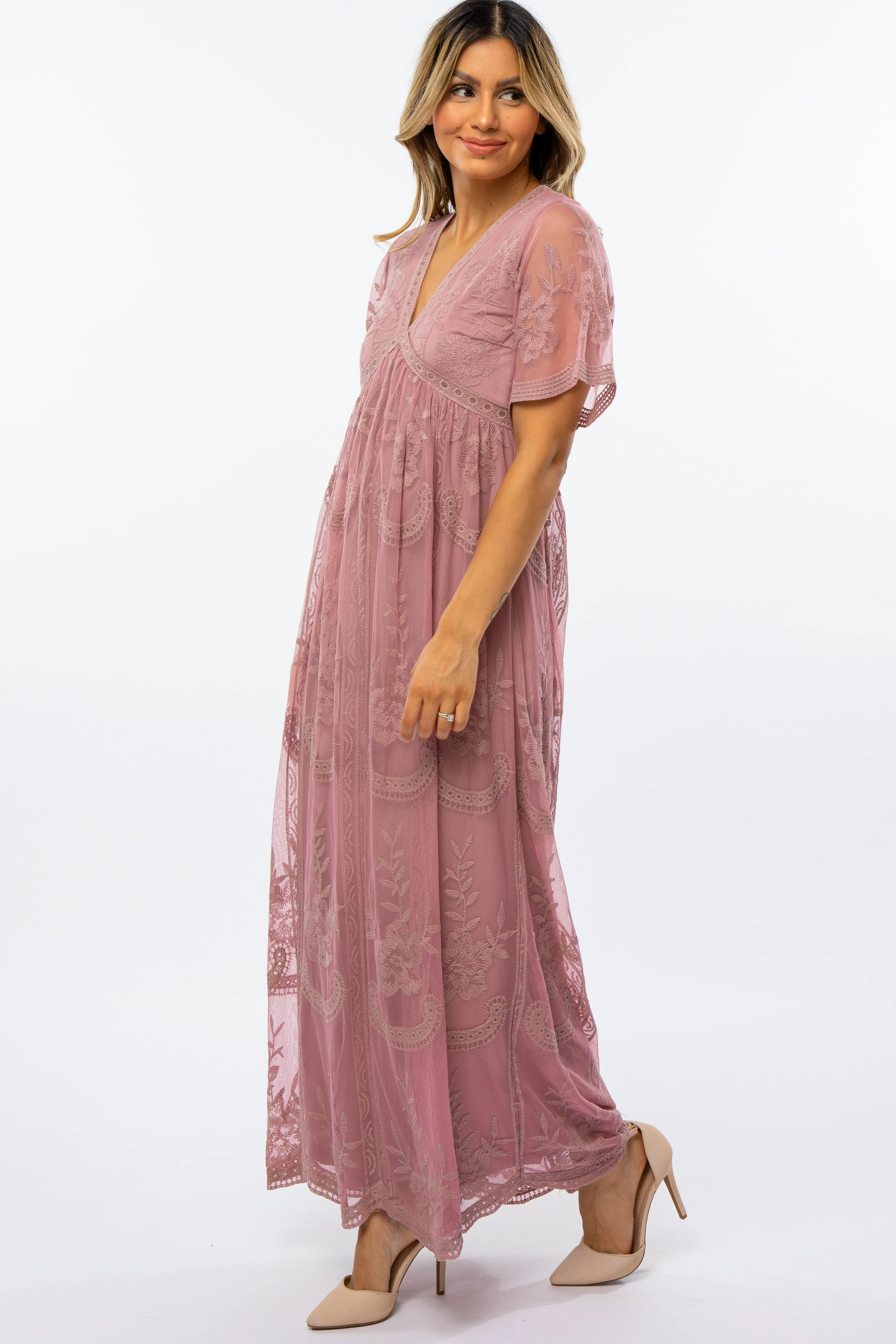 Mauve Lace Mesh Overlay Maxi Dress sold by Pinkblush product image thumbnail 2