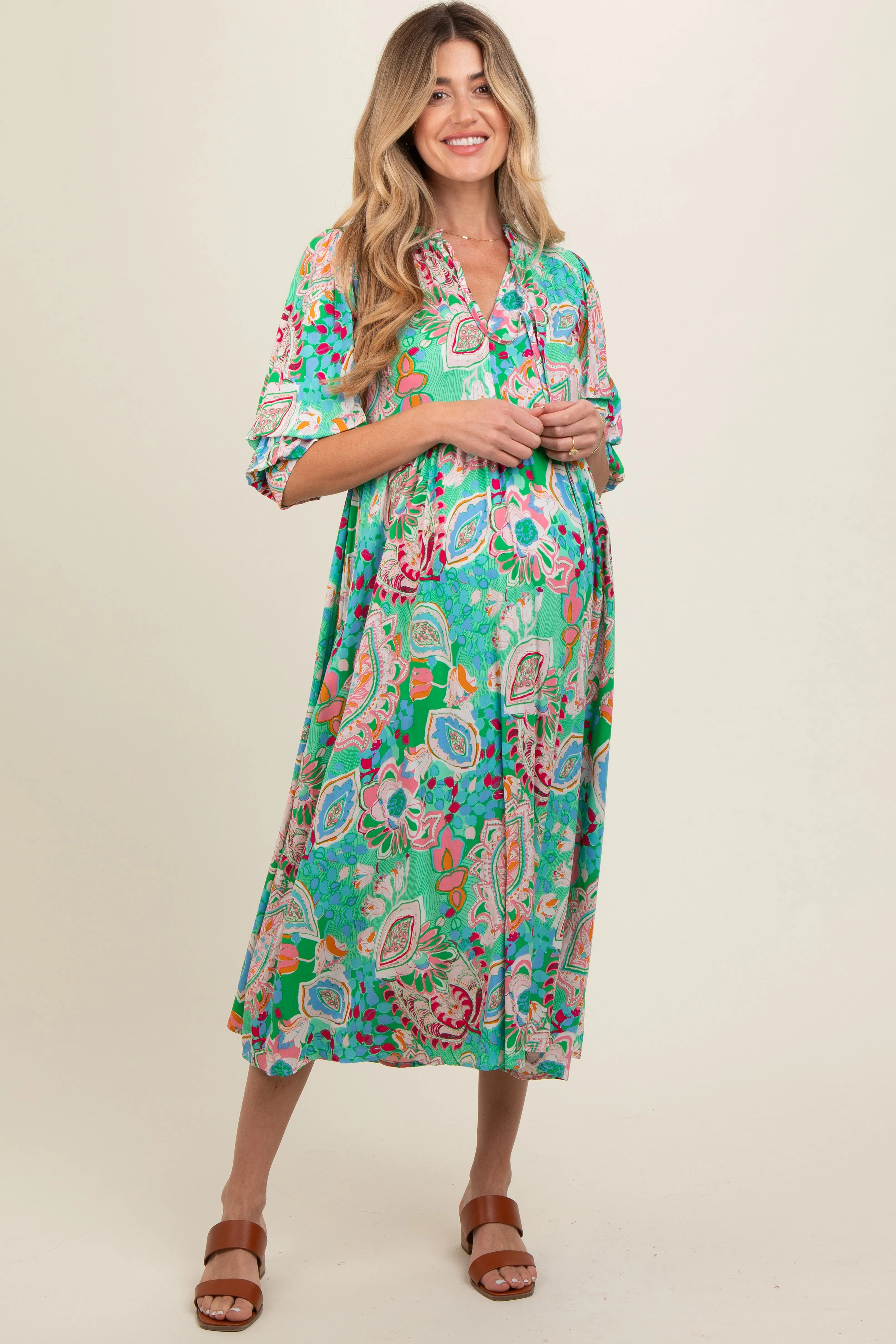 Emerald Paisley Print Tiered A-Line Maternity Midi Dress sold by Pinkblush