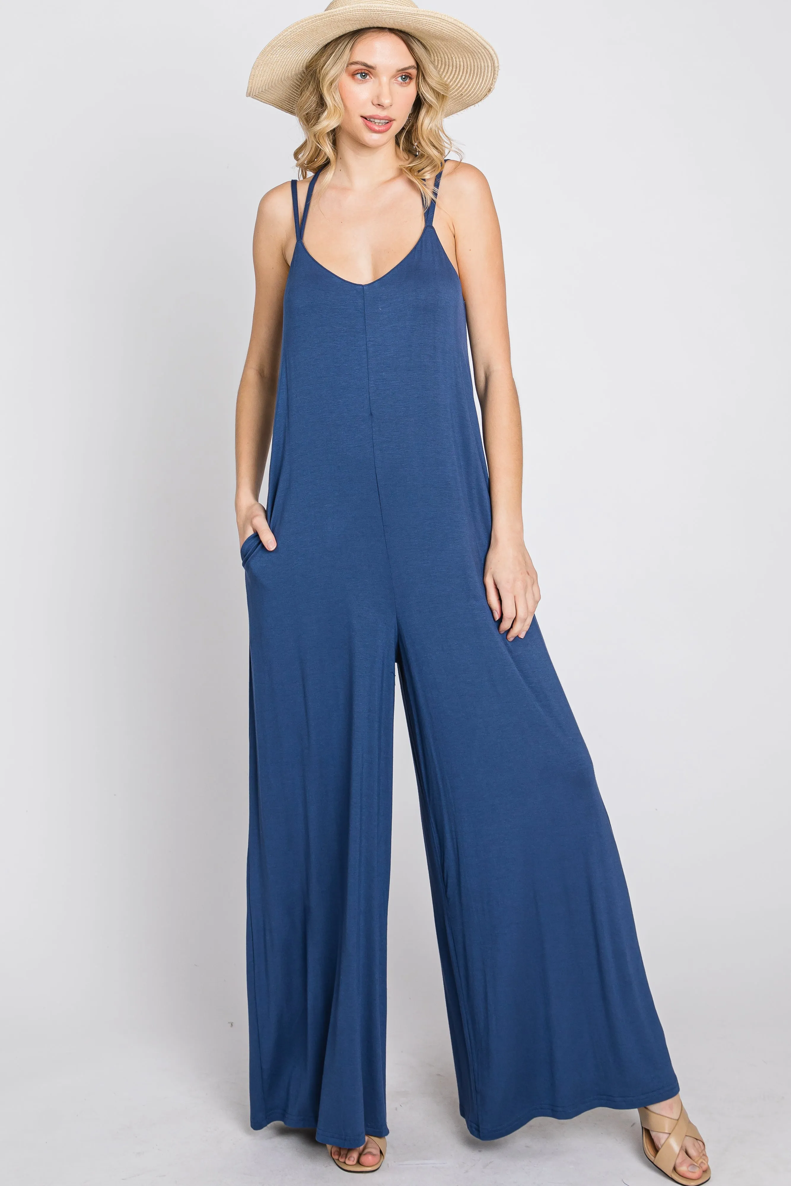 Blue Cross Back Wide Leg Jumpsuit sold by Pinkblush