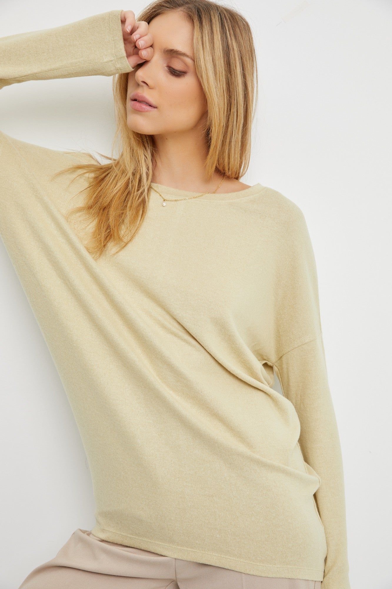 Light Olive Knit Long Sleeve Top sold by Pinkblush