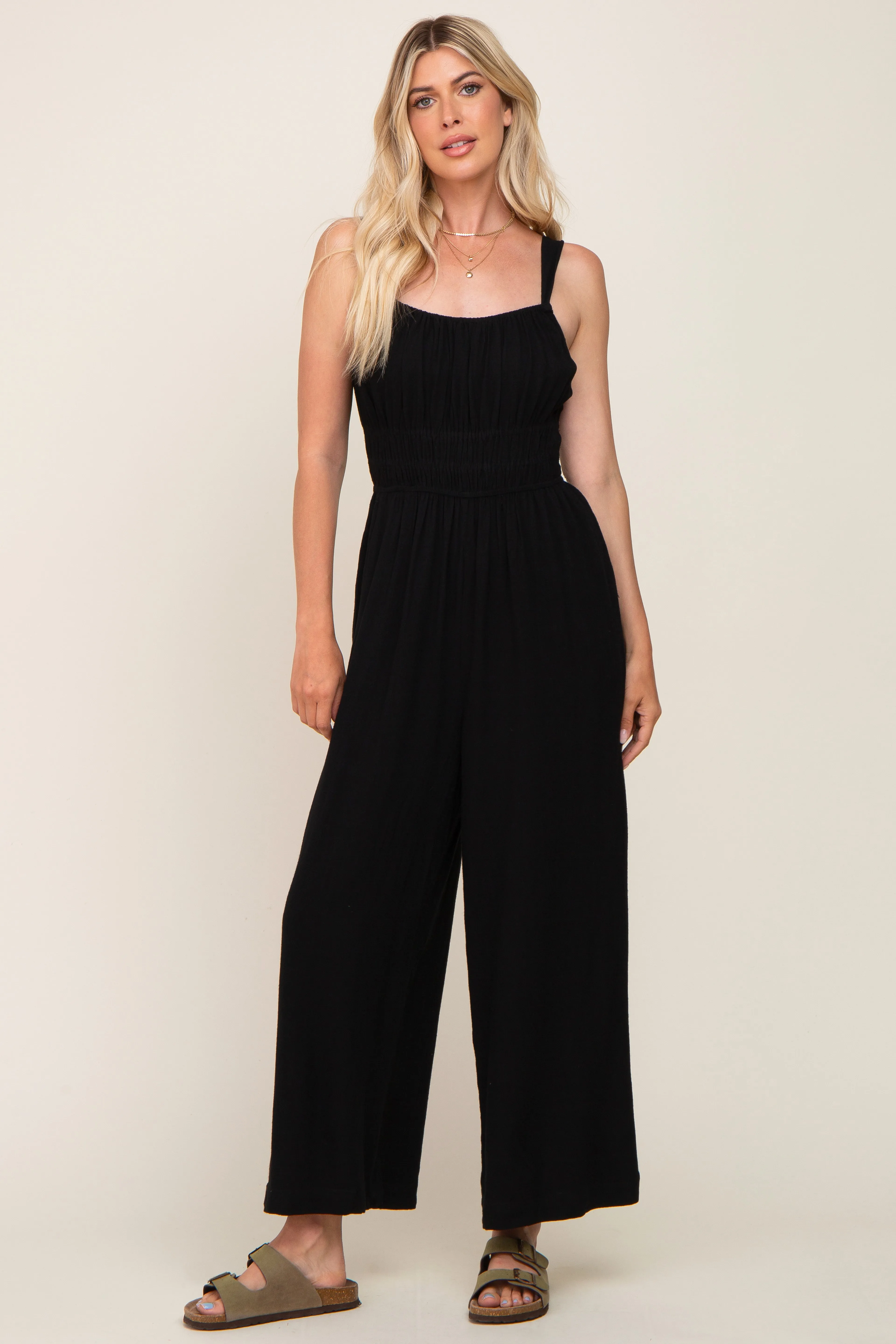 Black Smocked Square Neck Sleeveless Linen Jumpsuit sold by Pinkblush product image thumbnail 3