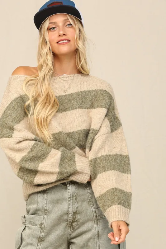 Olive Striped Knit Cropped Sweater sold by Pinkblush