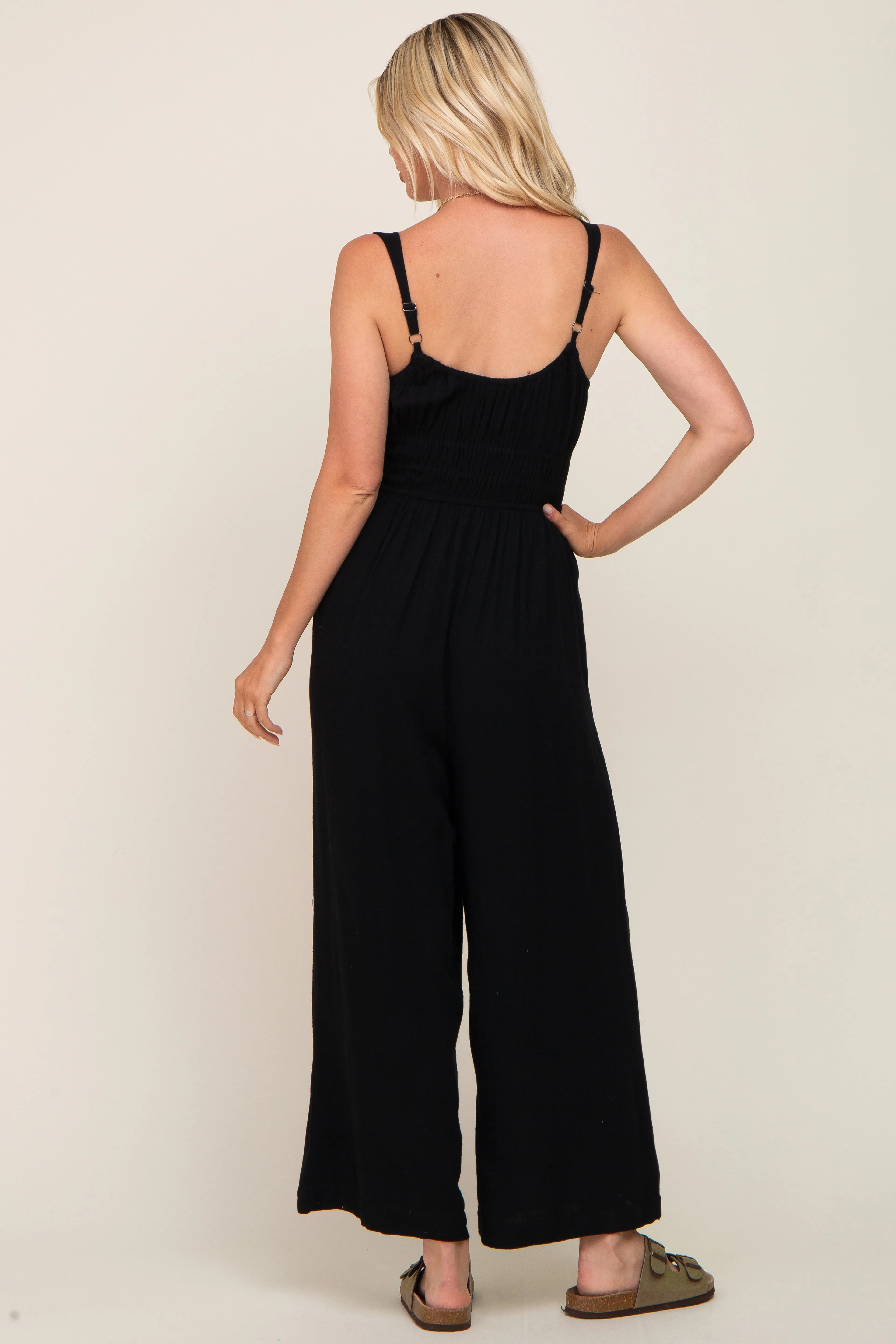 Black Smocked Square Neck Sleeveless Linen Jumpsuit sold by Pinkblush product image thumbnail 4