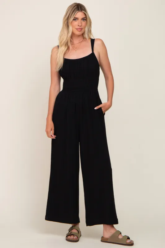 Black Smocked Square Neck Sleeveless Linen Jumpsuit sold by Pinkblush