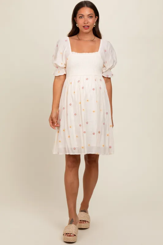 Cream Floral Embroidered Smocked Maternity Dress sold by Pinkblush