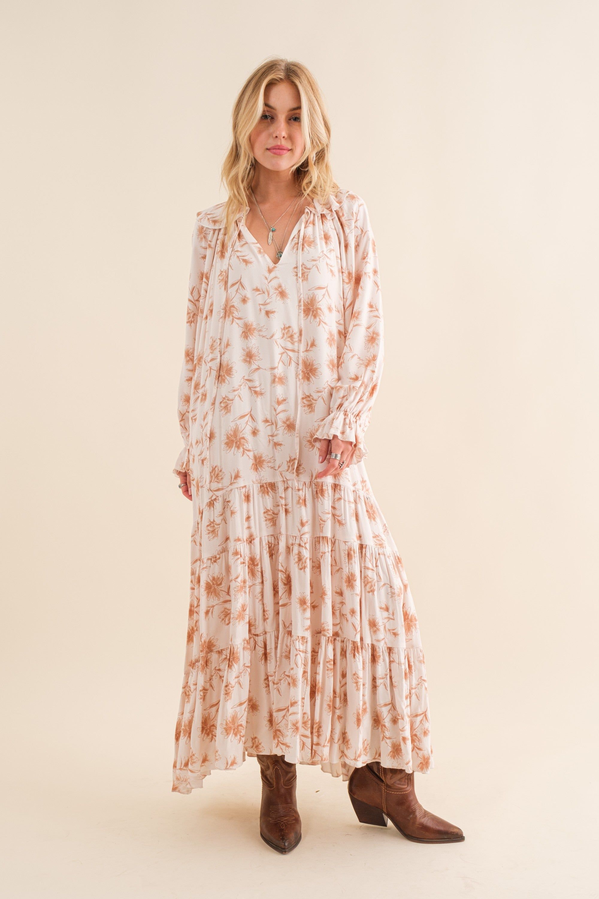 Taupe Floral Ruffle Long Sleeve Tiered Maxi Dress sold by Pinkblush