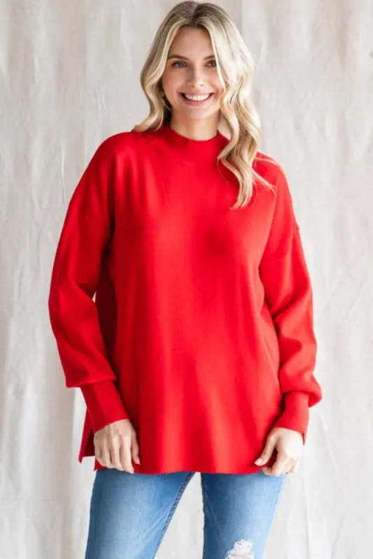 Red Knit Mock Neck Long Sleeve Top sold by Pinkblush