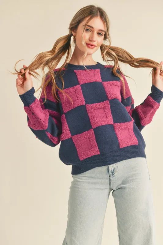 Navy Purple Textured Checkered Sweater Pullover sold by Pinkblush