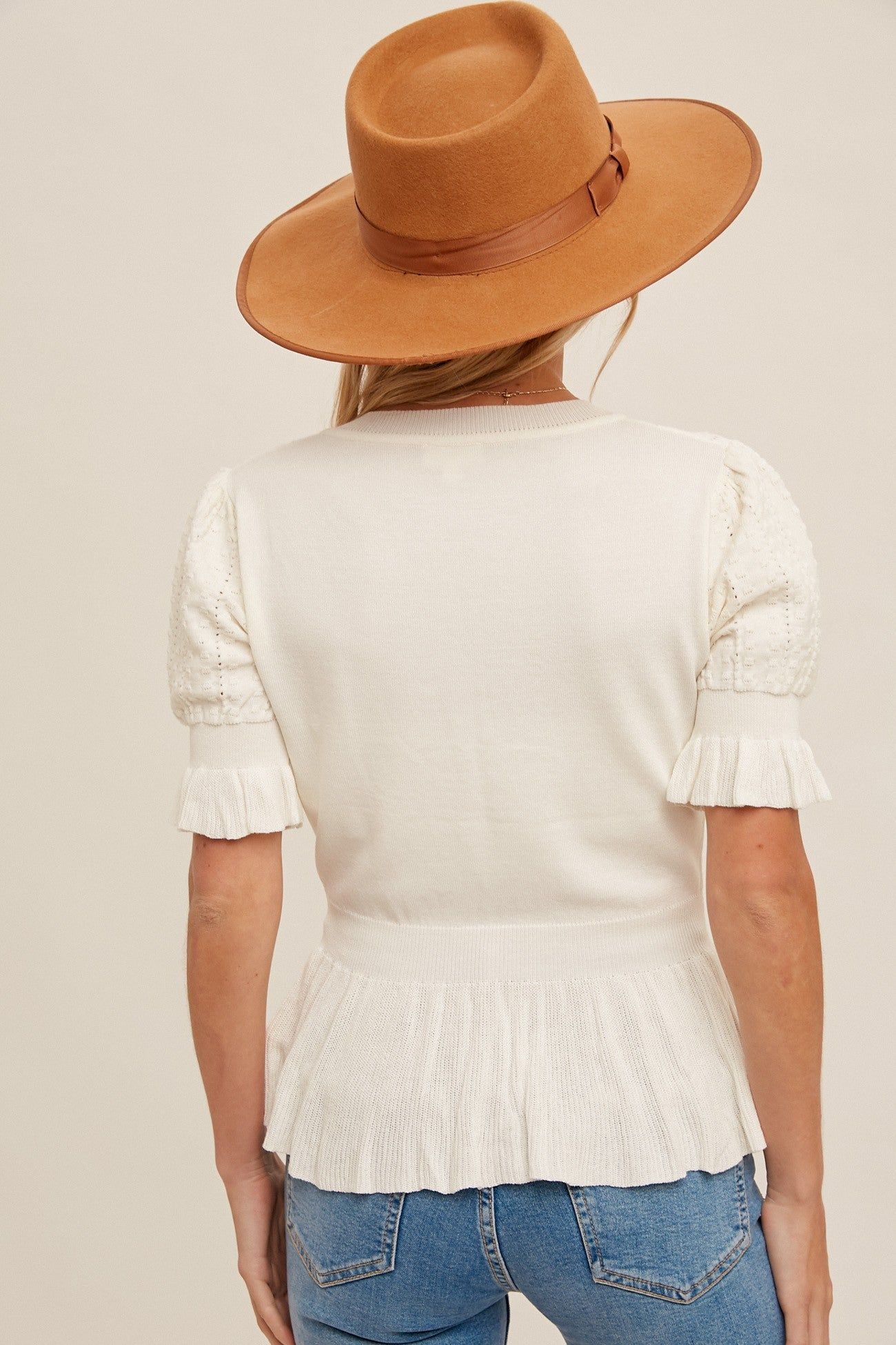 Ecru Flounce Sleeve Peplum Knit Top sold by Pinkblush product image thumbnail 4