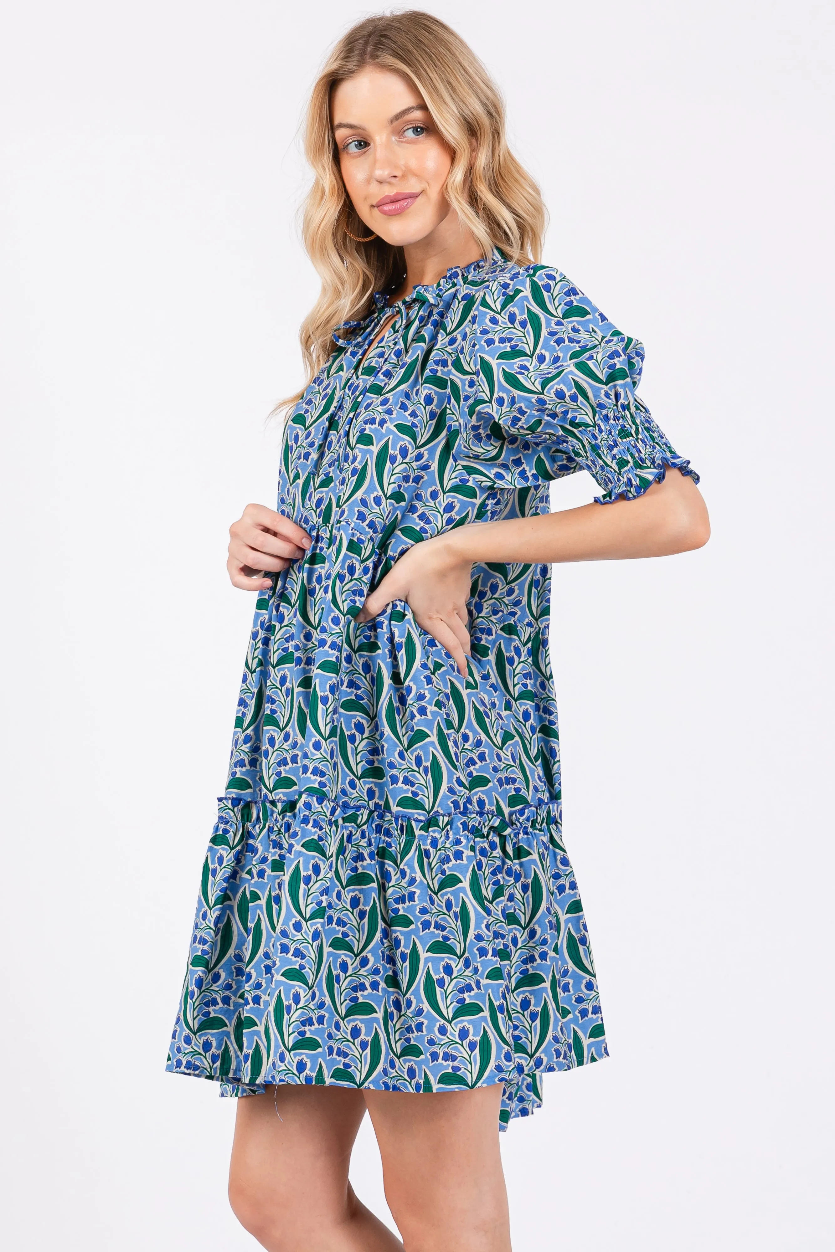 Blue Floral Front Tie Puff Sleeve Dress sold by Pinkblush product image thumbnail 2