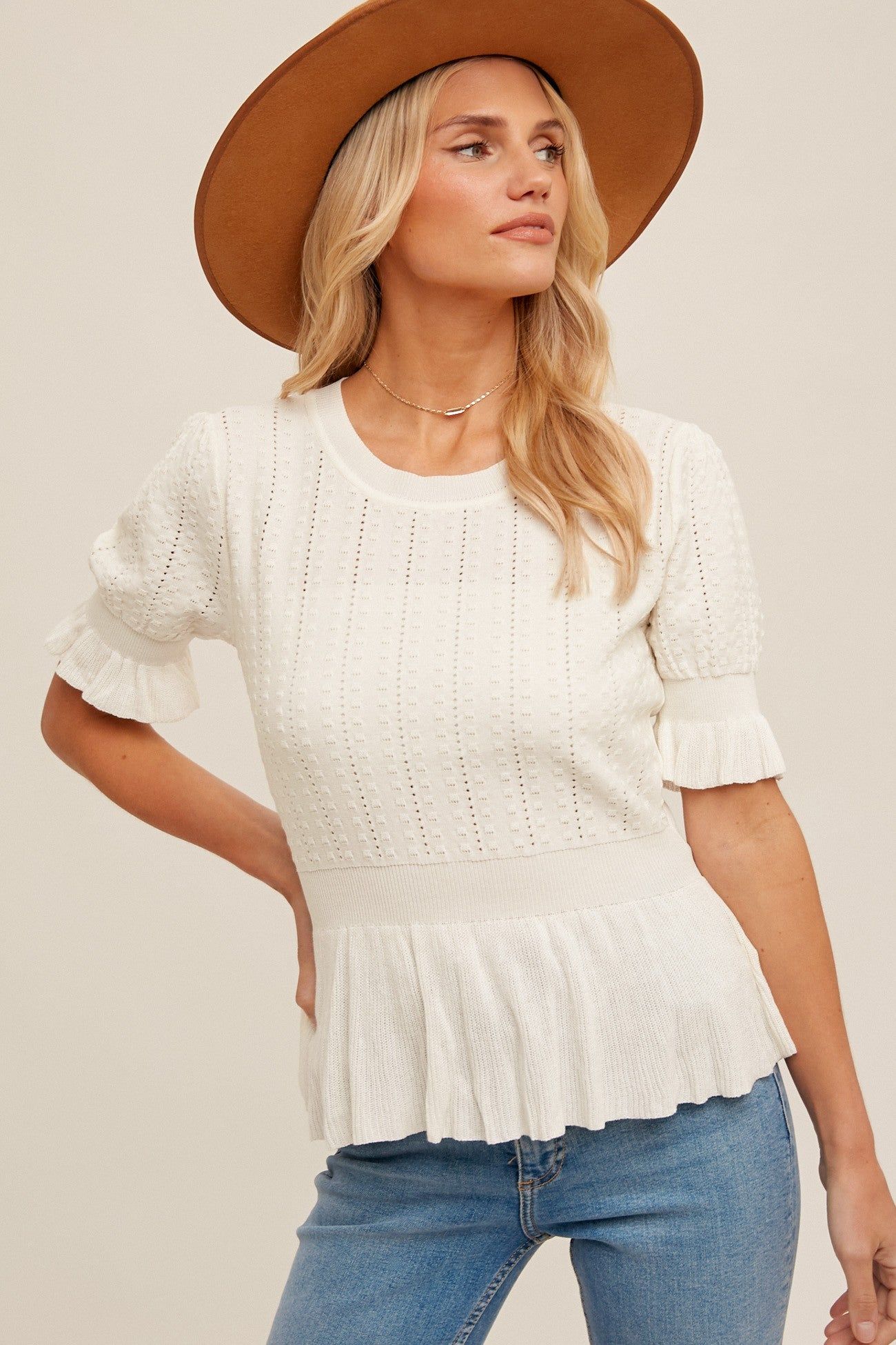 Ecru Flounce Sleeve Peplum Knit Top sold by Pinkblush product image thumbnail 2