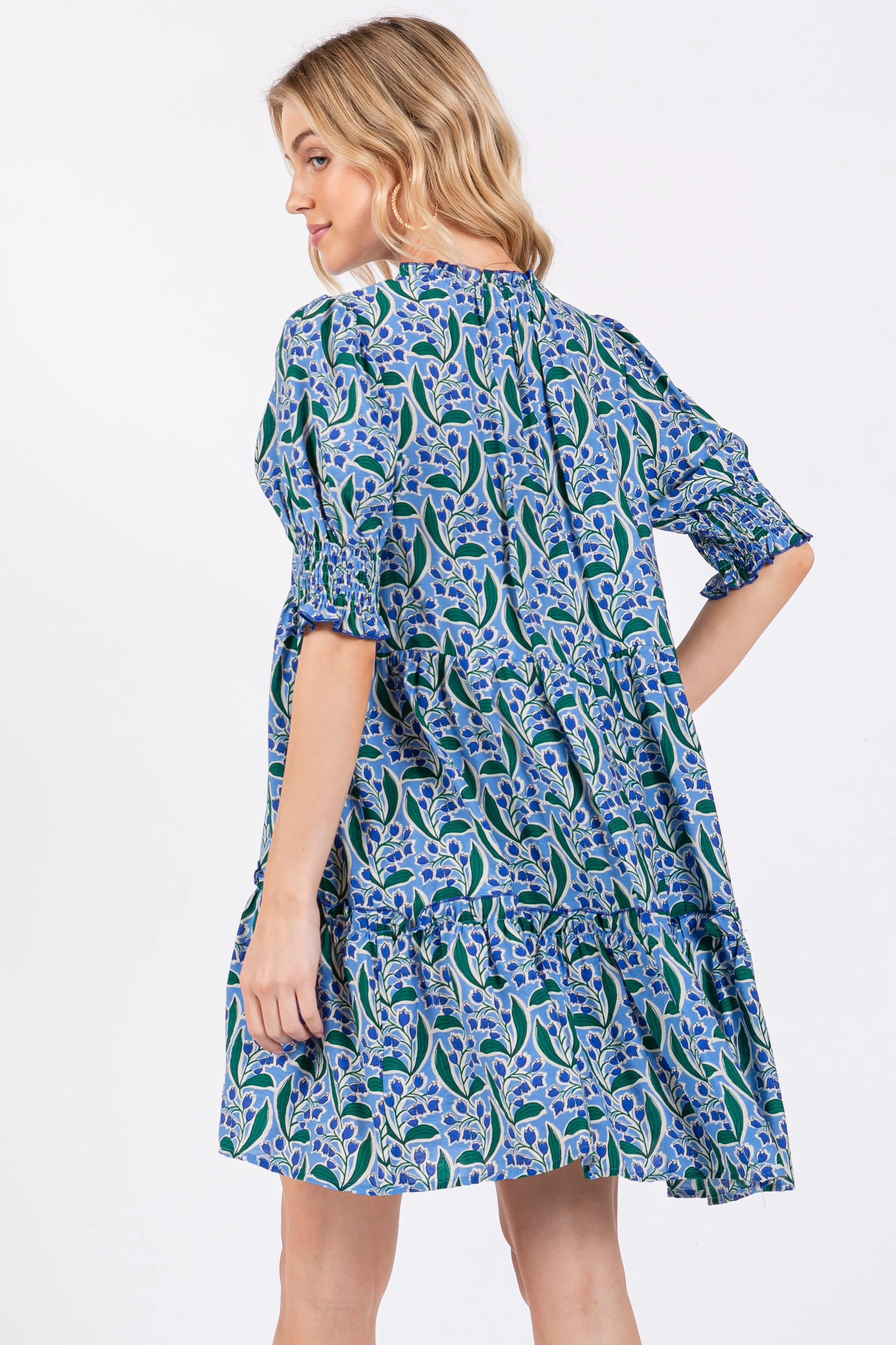Blue Floral Front Tie Puff Sleeve Dress sold by Pinkblush product image thumbnail 3