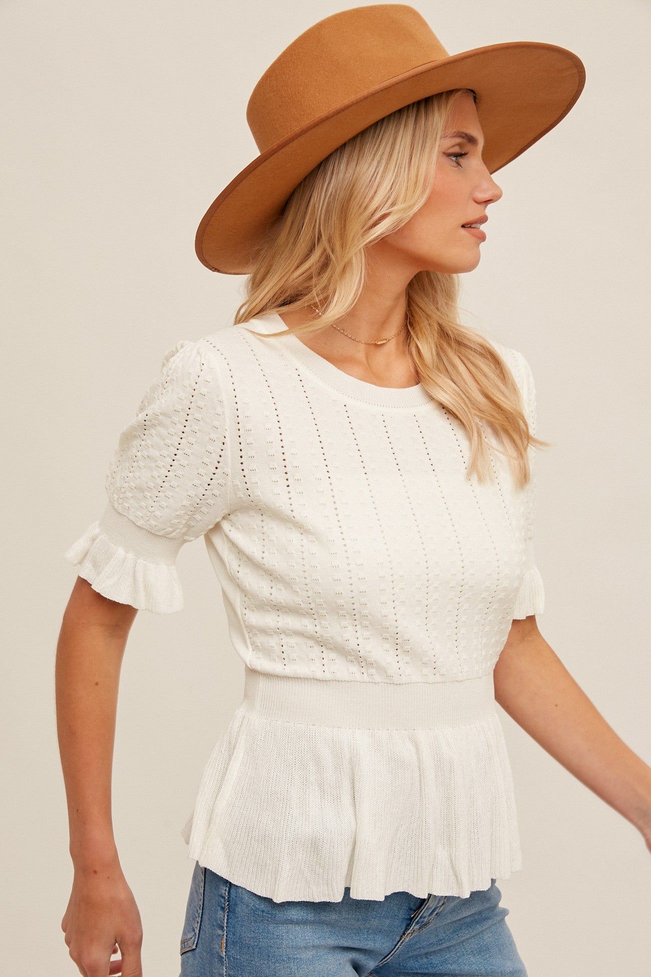 Ecru Flounce Sleeve Peplum Knit Top sold by Pinkblush product image thumbnail 3