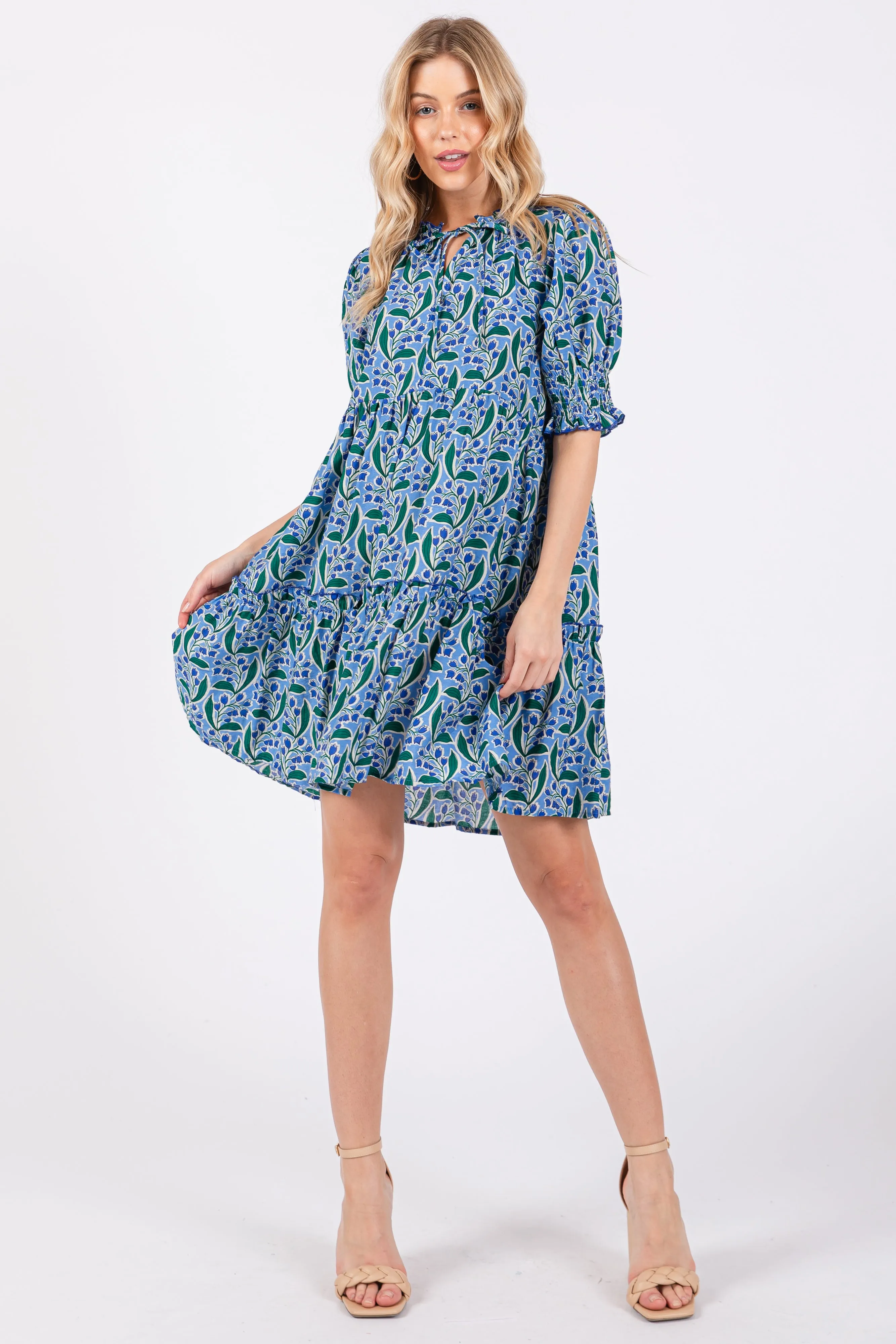 Blue Floral Front Tie Puff Sleeve Dress sold by Pinkblush product image thumbnail 4
