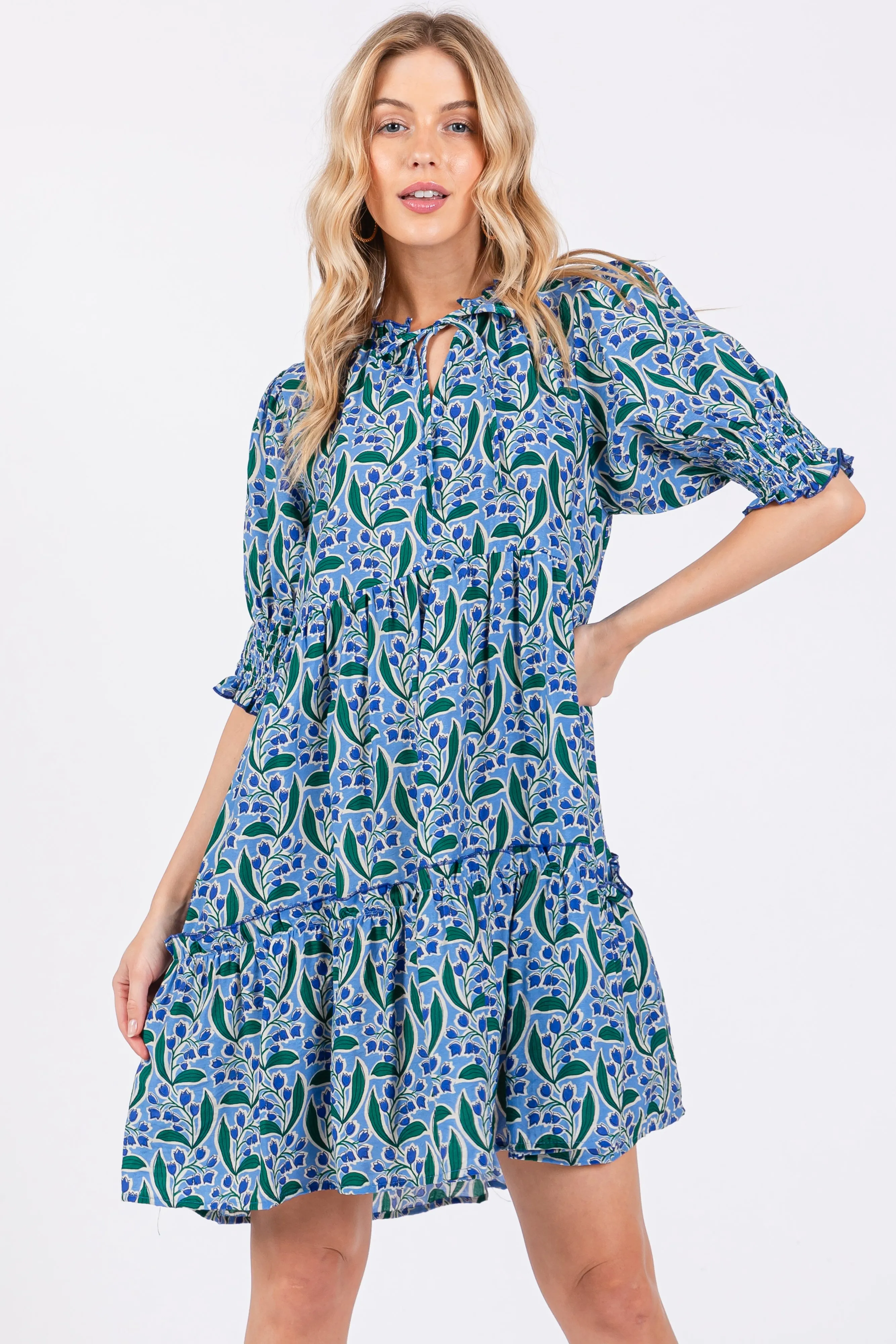Blue Floral Front Tie Puff Sleeve Dress sold by Pinkblush