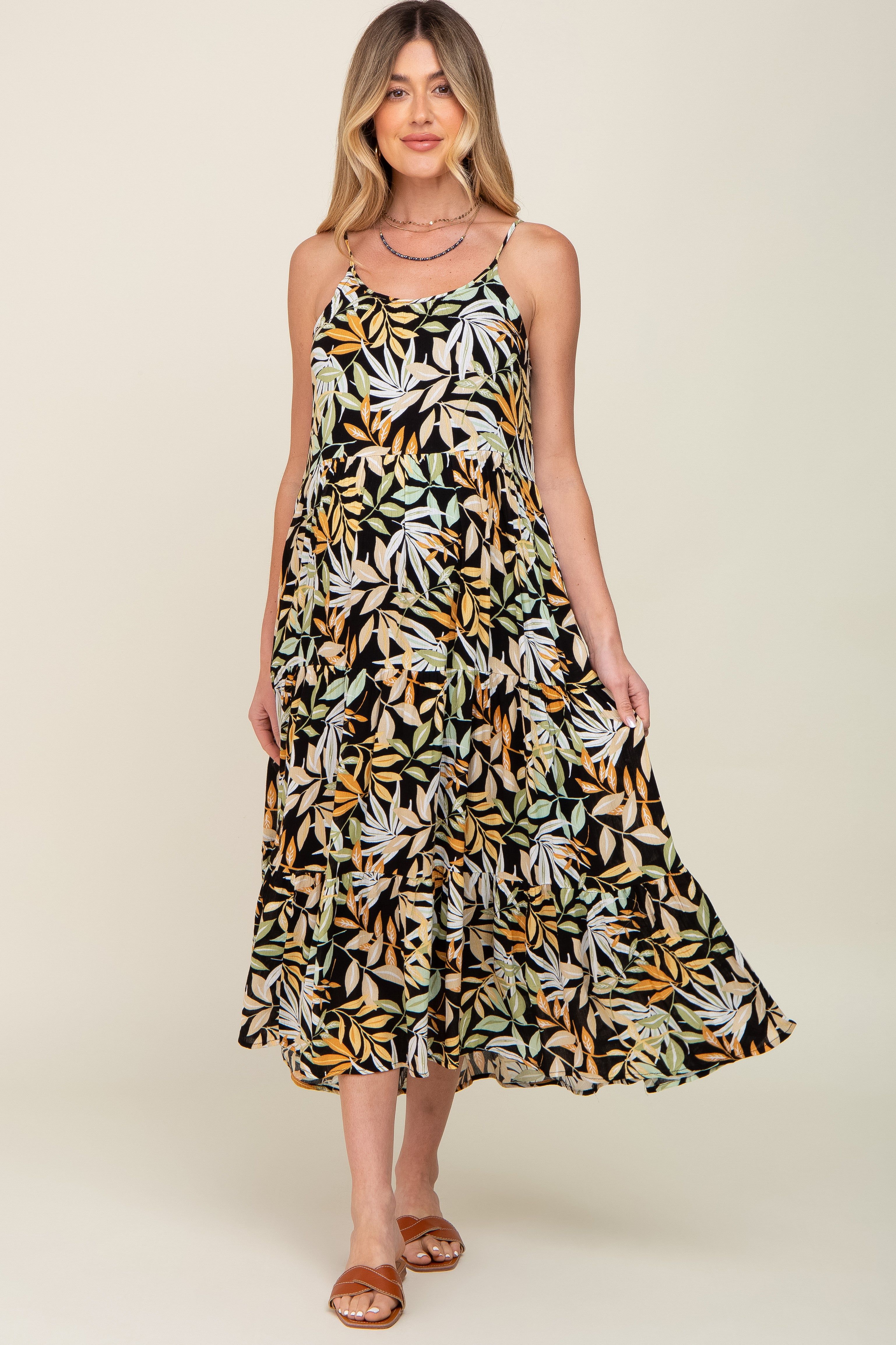 Black Leaf Print Tiered Maternity Midi Dress sold by Pinkblush product image thumbnail 4