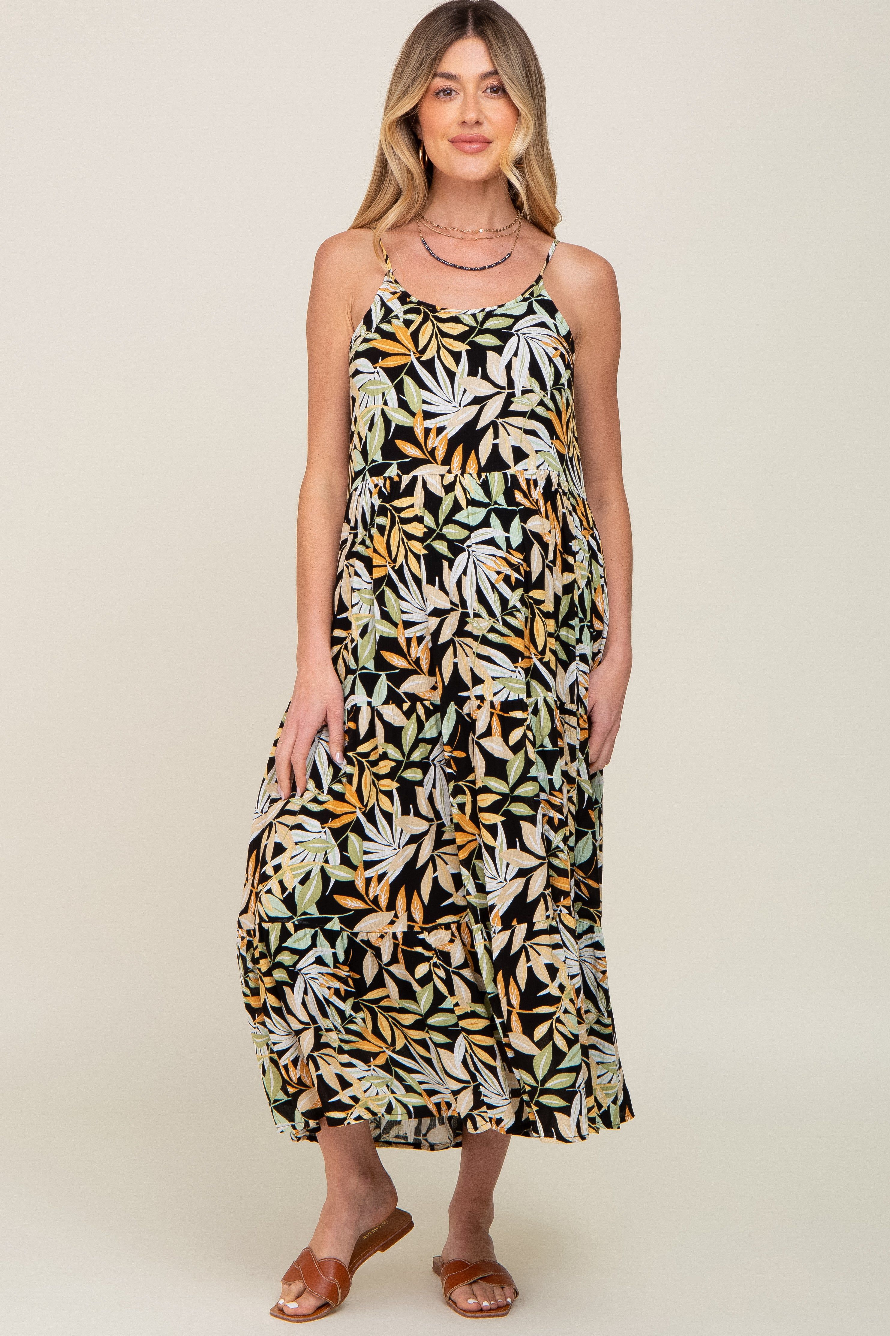 Black Leaf Print Tiered Maternity Midi Dress sold by Pinkblush