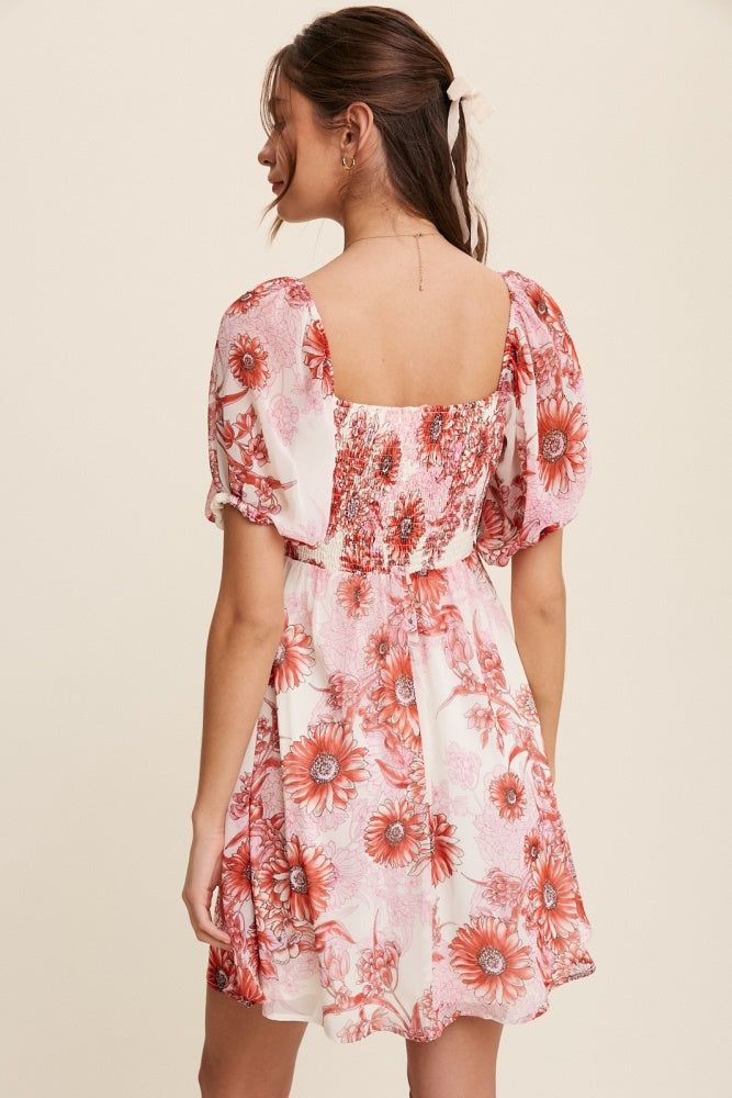 Red Flower Print Smocked Bodice Chiffon Mini Dress sold by Pinkblush product image thumbnail 4