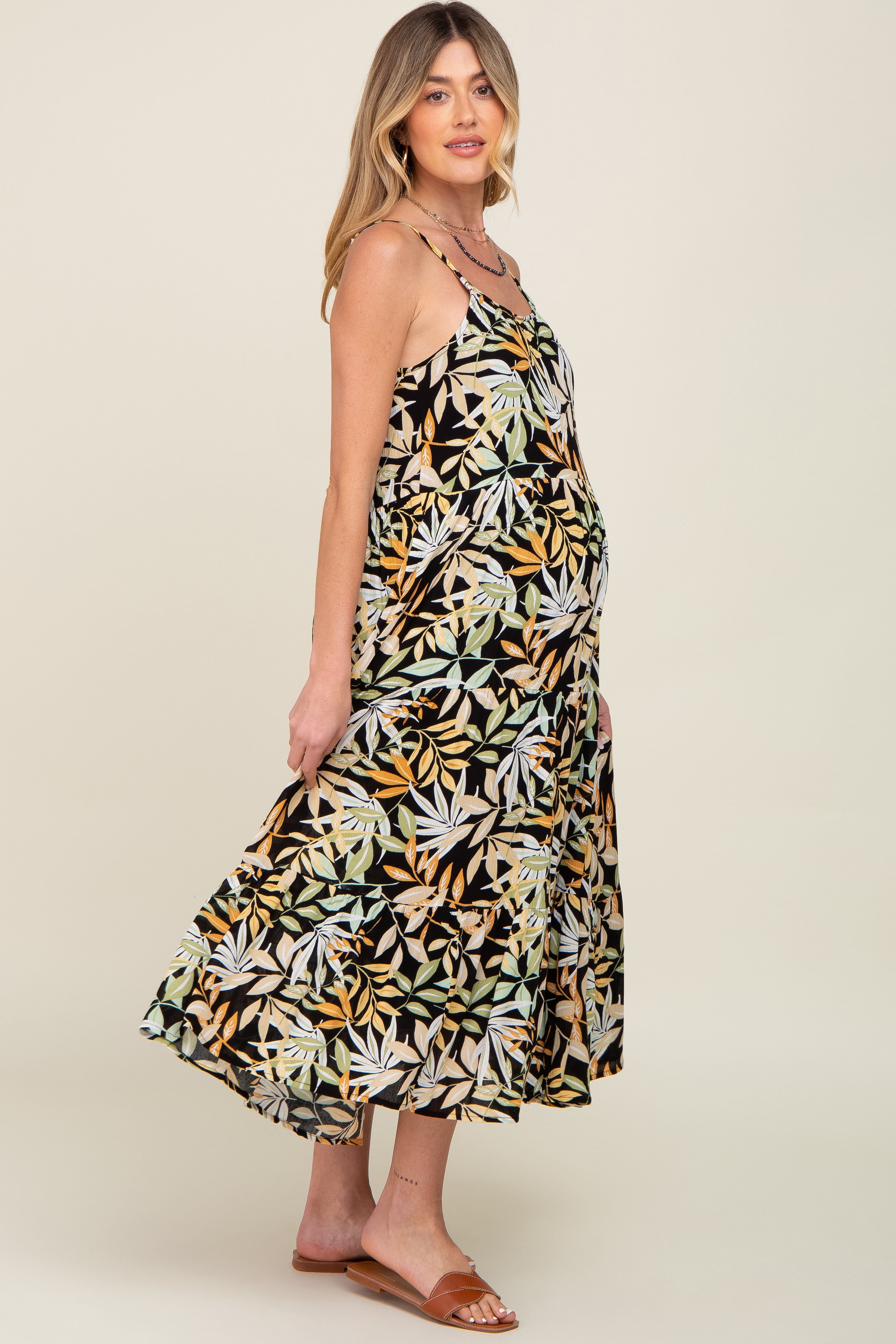 Black Leaf Print Tiered Maternity Midi Dress sold by Pinkblush product image thumbnail 2