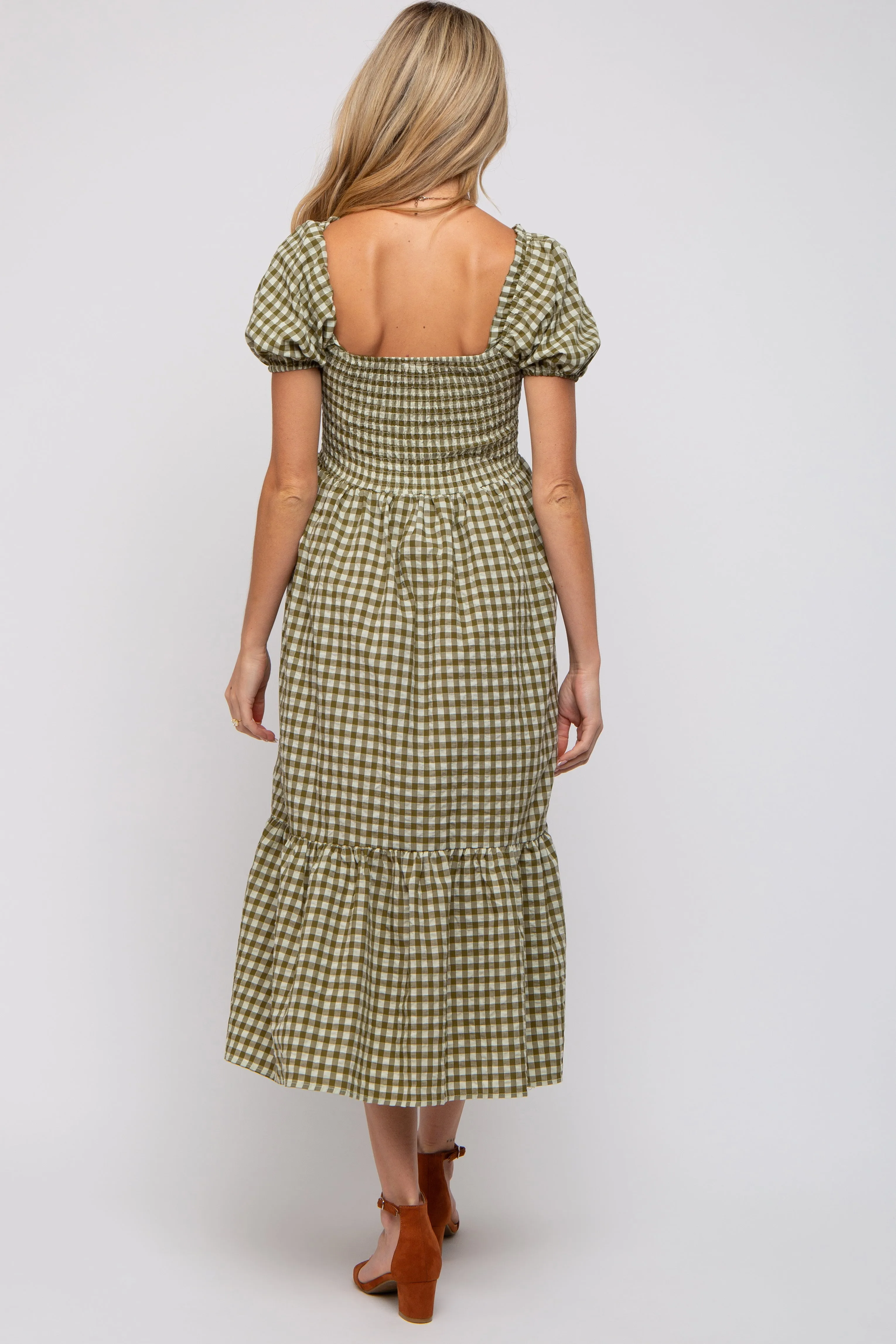 Olive Gingham Smocked Maternity Midi Dress sold by Pinkblush product image thumbnail 4