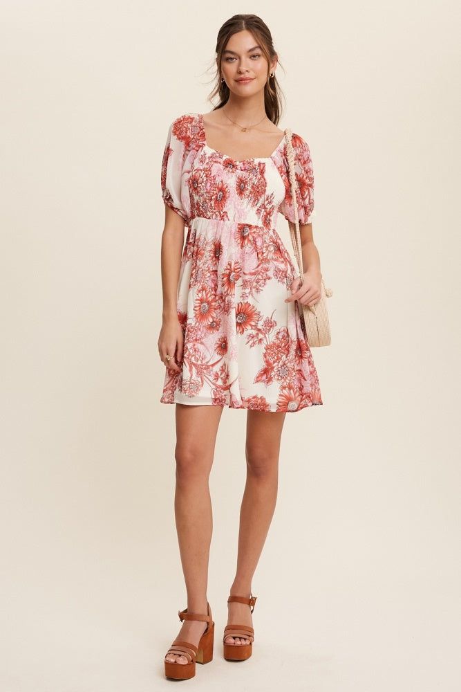 Red Flower Print Smocked Bodice Chiffon Mini Dress sold by Pinkblush product image thumbnail 2