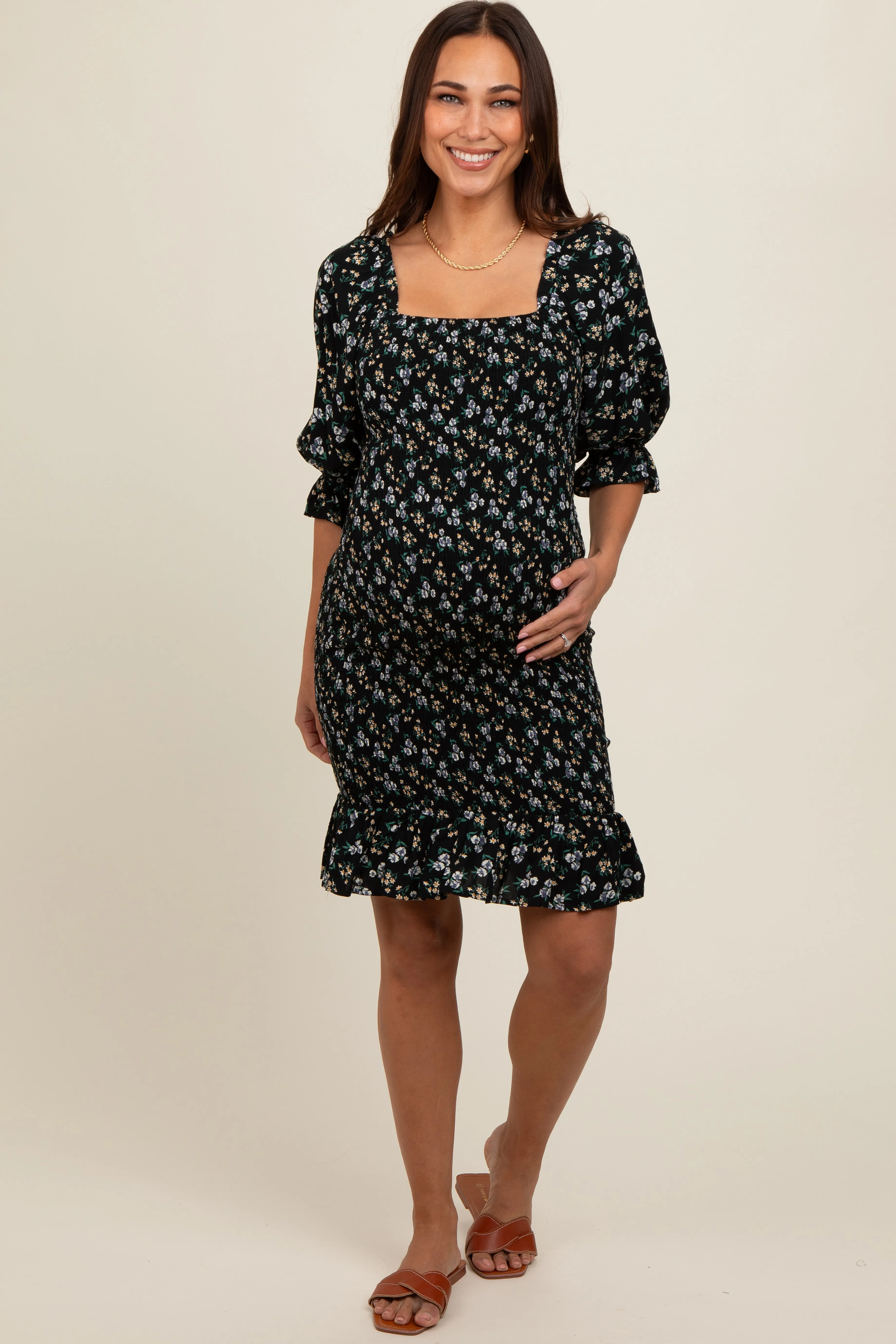 Black Floral Smocked Puff Sleeve Maternity Dress sold by Pinkblush