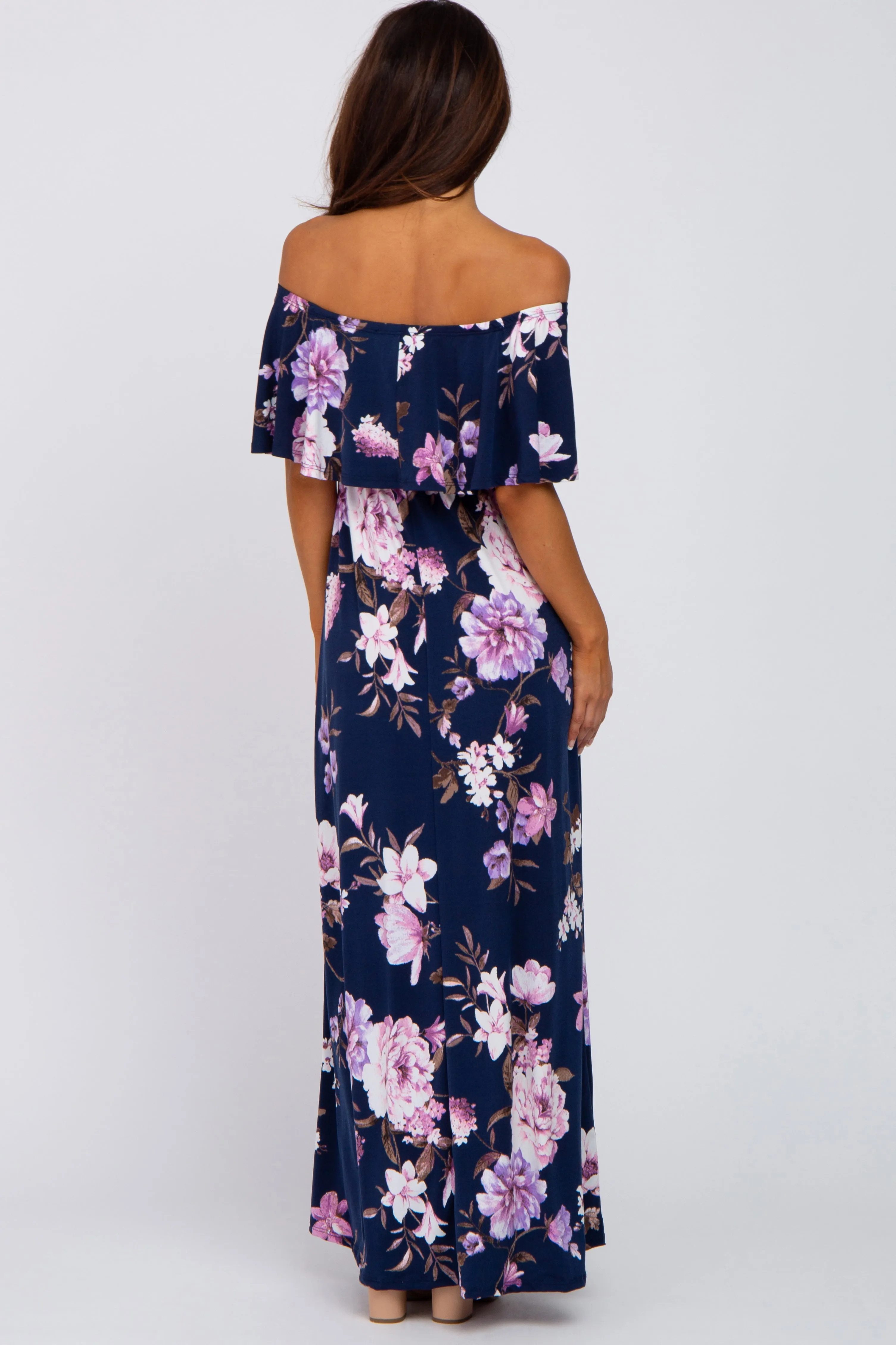 Navy Blue Floral Off Shoulder Maxi Dress sold by Pinkblush product image thumbnail 3
