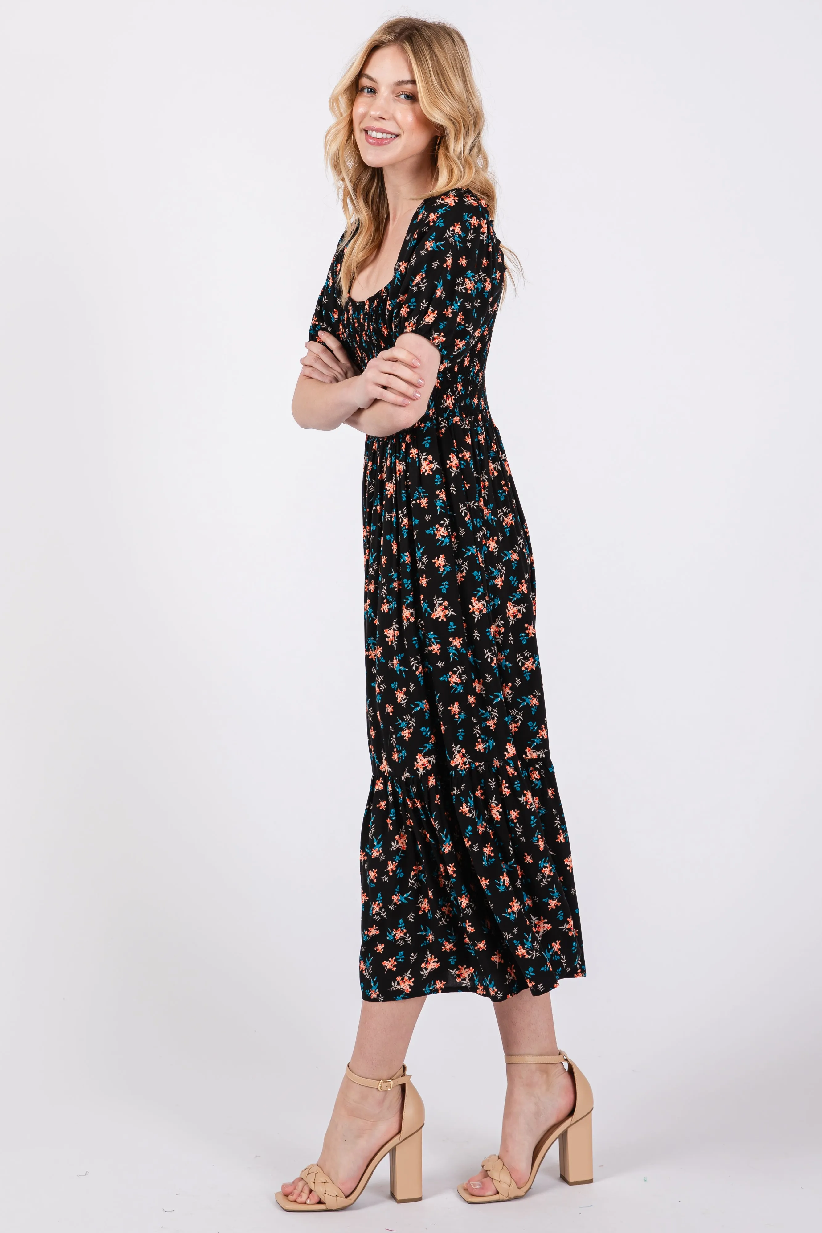 Black Floral Smocked Short Sleeve Midi Dress sold by Pinkblush product image thumbnail 4